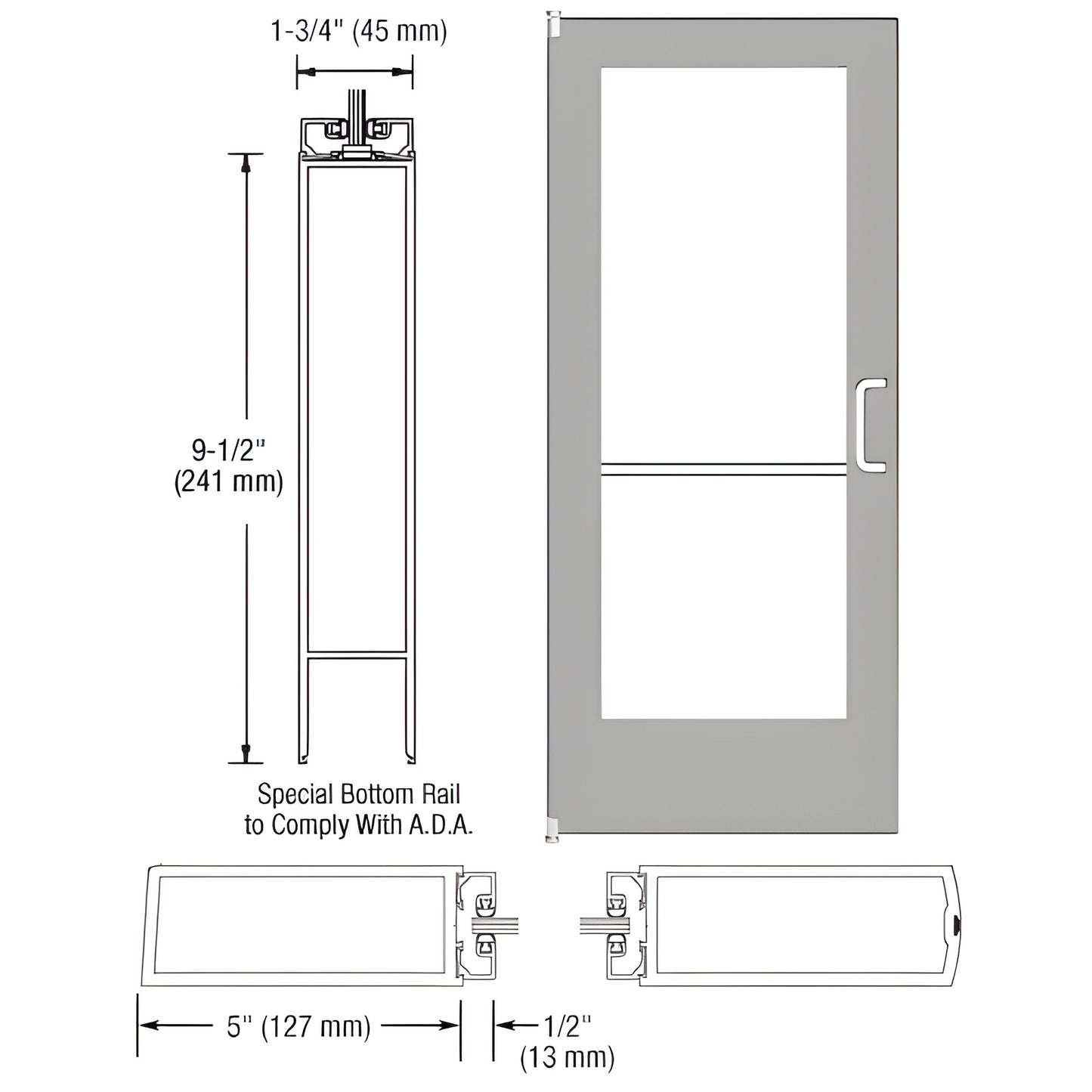 CD52211R136 - clear anodized commercial wide-stile entrance door with 5" stiles, 9-1/2" ADA bottom rail, for 1/4" glass