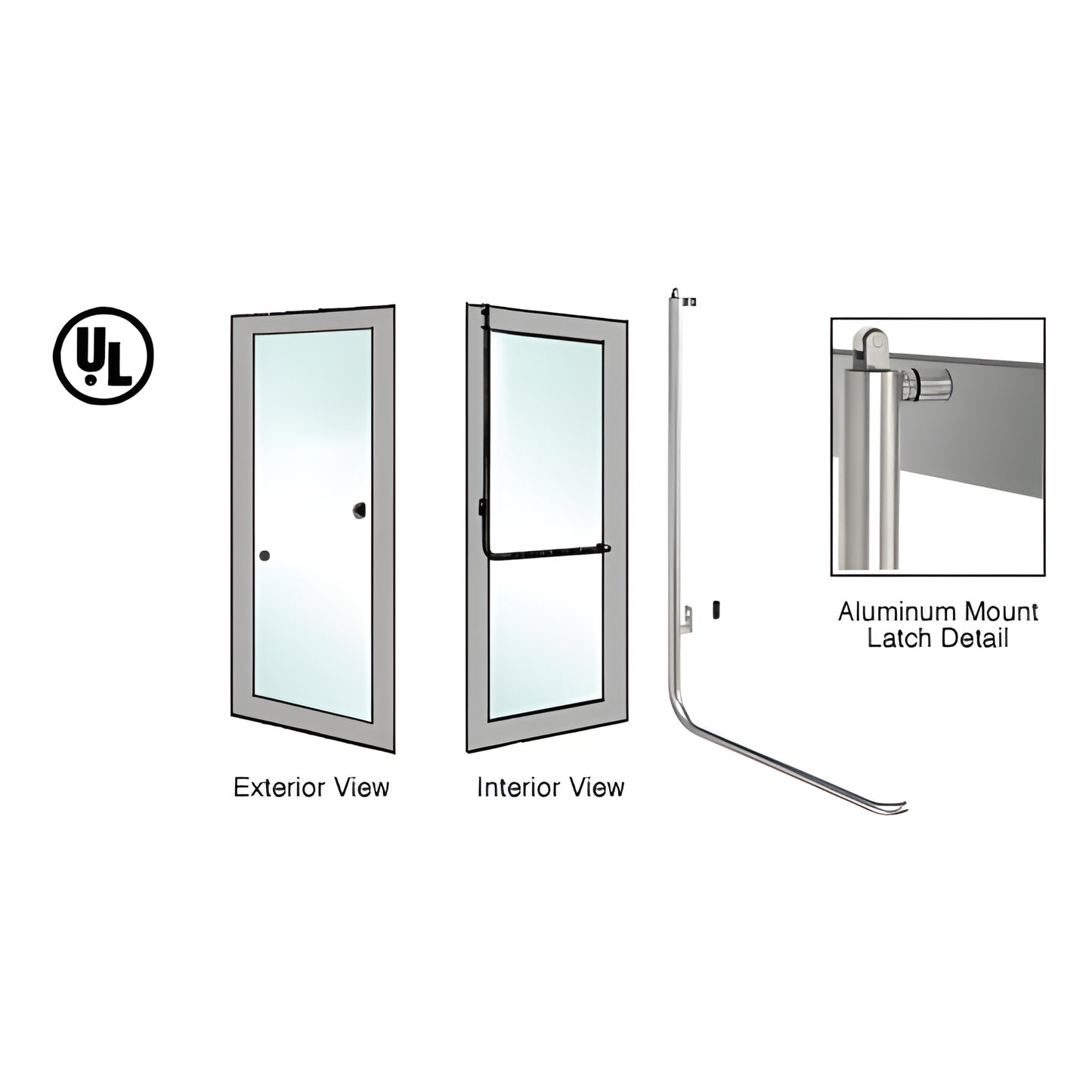 Polished stainless CRL glass door panic handle, 1-1/4" dia, for 1/2"-3/4" tempered glass, aluminum/wood door mount.
