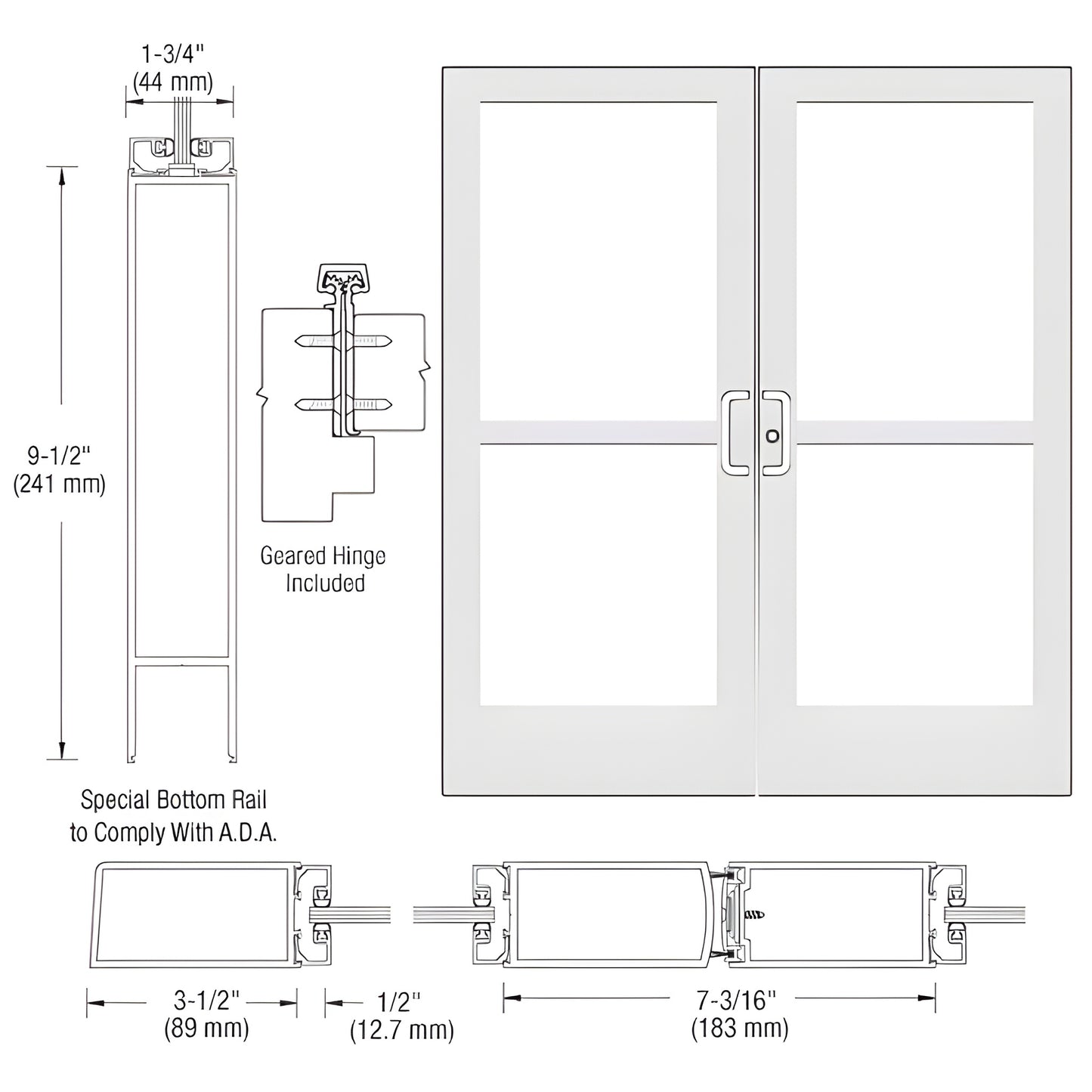 CZ42852 White Kynar commercial medium-stile double glass entrance door, 9-1/2" ADA bottom rail, geared hinge, 1/4" glass.