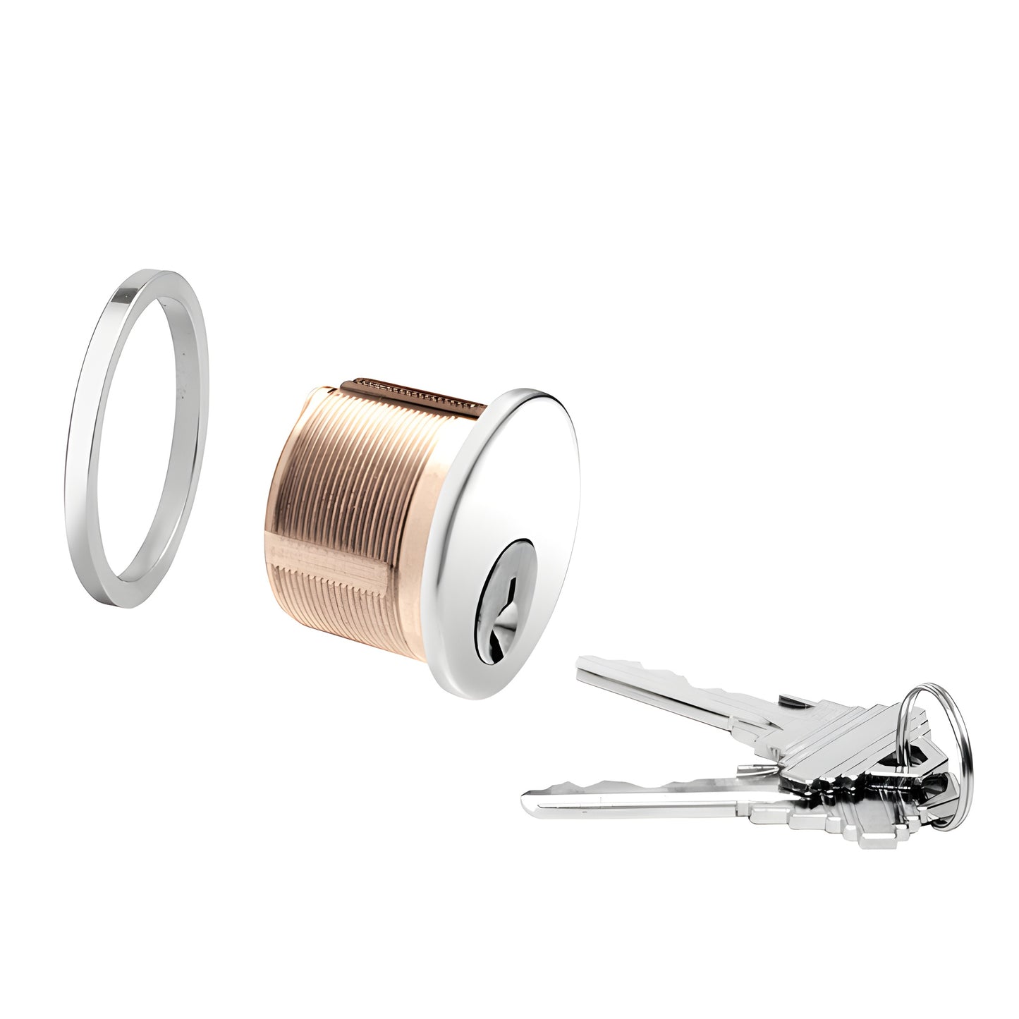 DRA10KDPS mortise 5-pin cylinder - brass body, polished stainless face and ring, includes keys and cam.