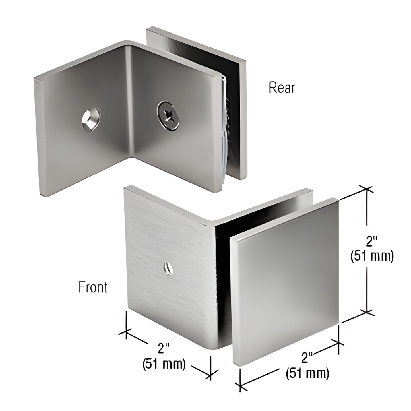 Gun metal square glass panel clamp, 2" large-leg wall mount for 3/8-1/2" glass (SKU SGC039MGM).
