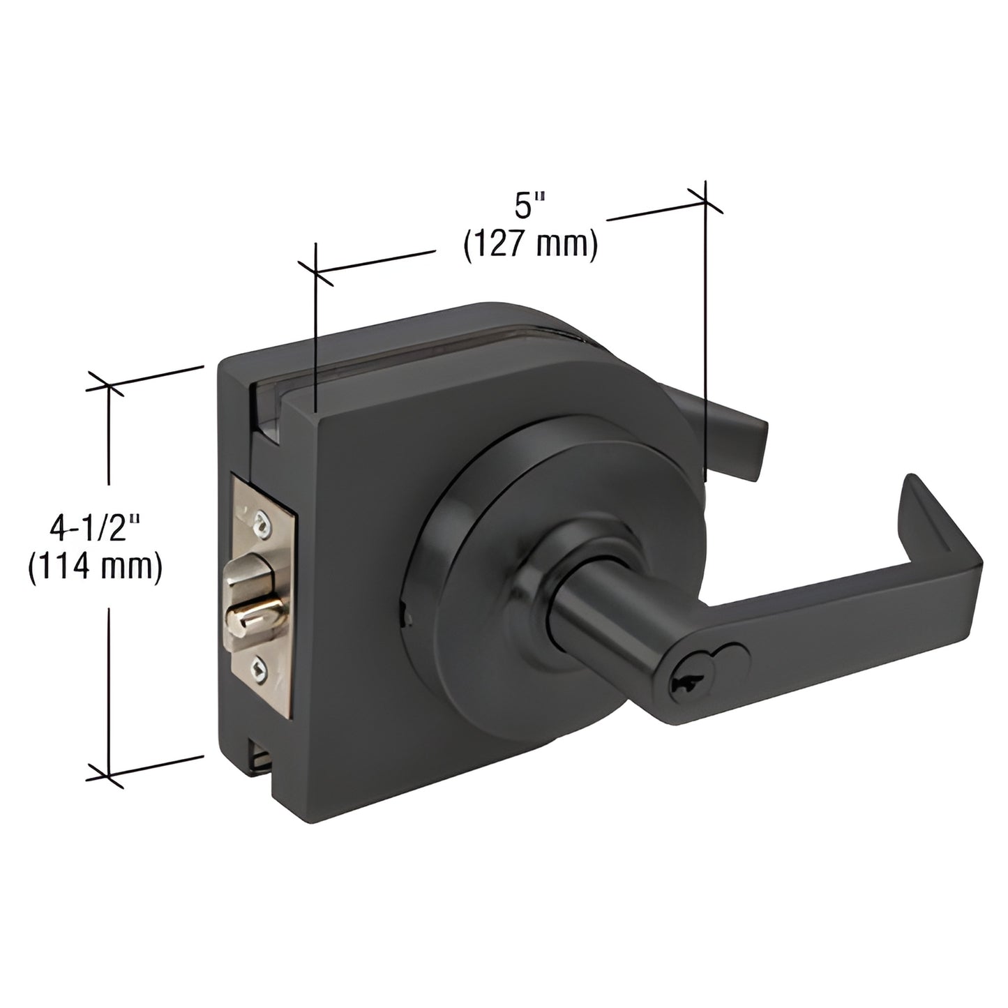 LH80MBL matte black lever lock glass housing, round cover, low-profile, fits 3/8" or 1/2" tempered glass, 5" x 41 2"