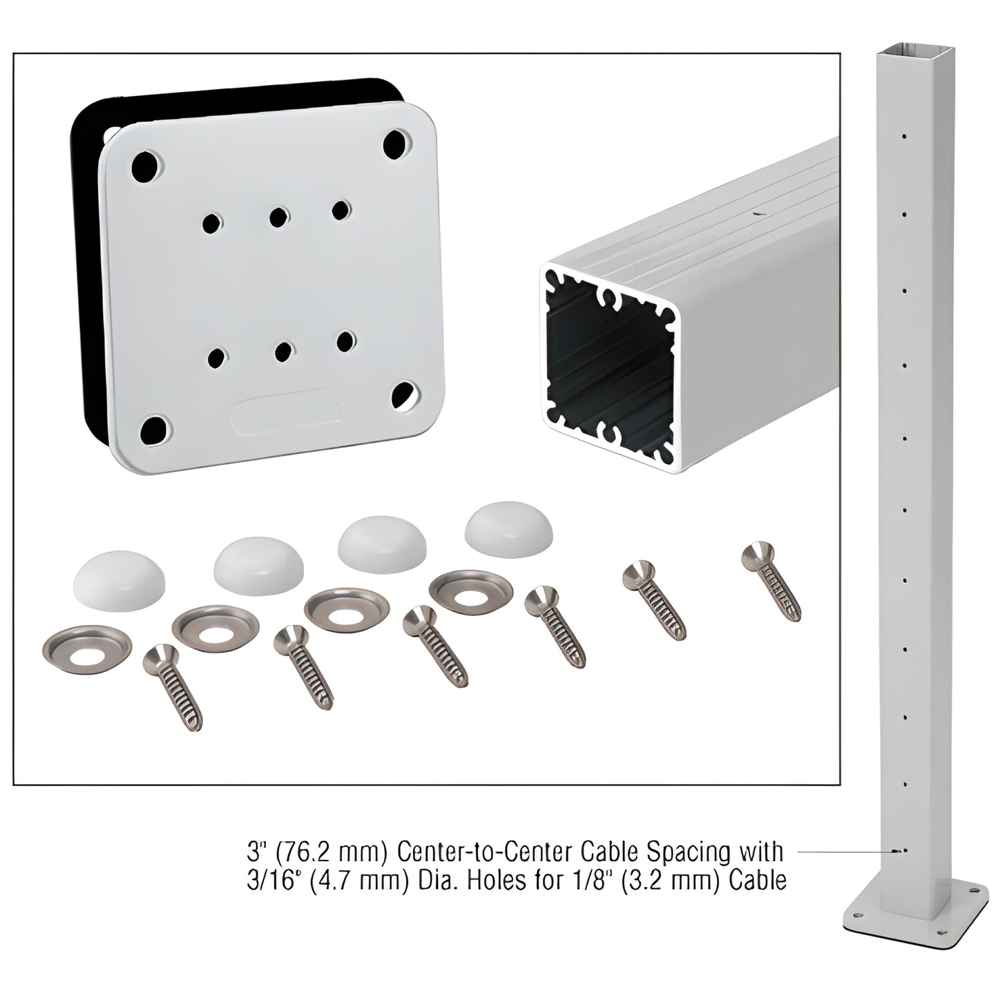 P42CKS aluminum 42 in silver square cable center post kit with base plate, gasket, stainless washers, screws and bolt covers