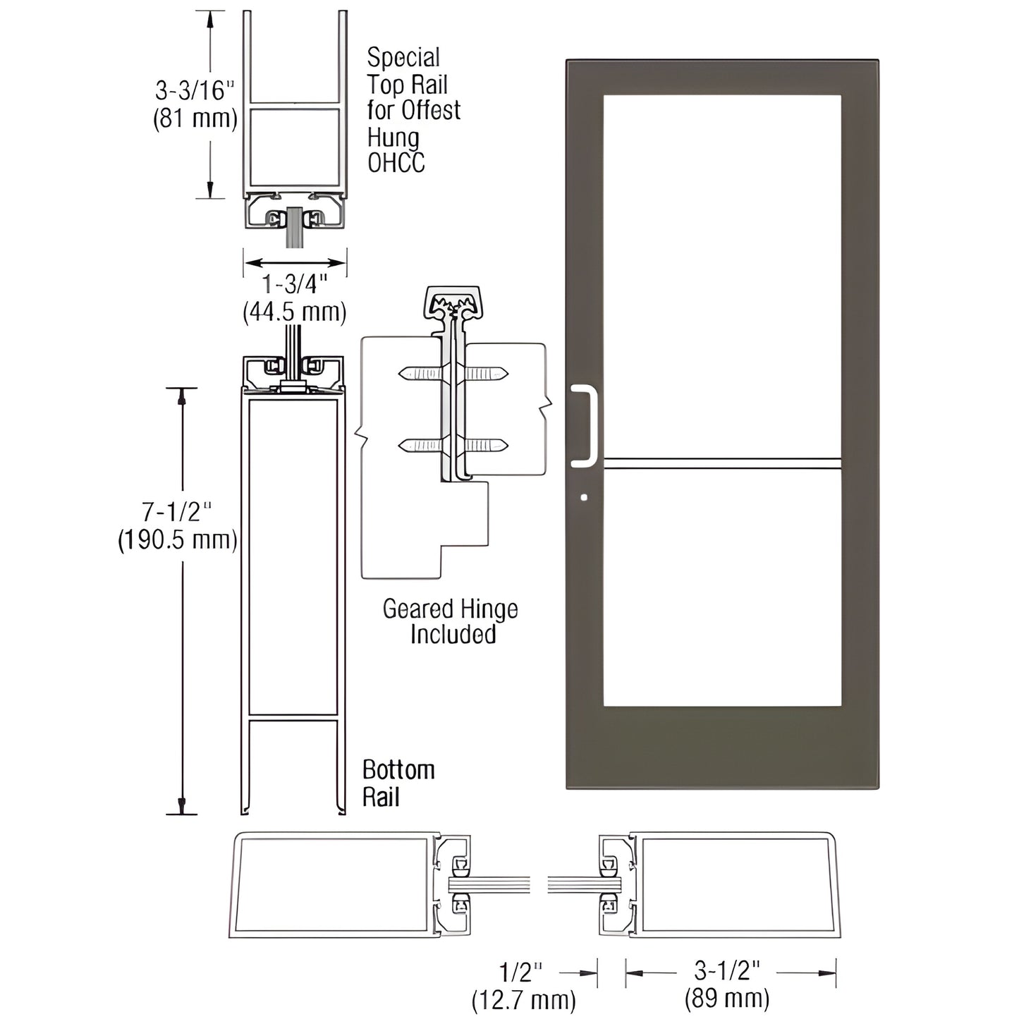 HE41922 black bronze anodized medium-stile commercial entrance door, 3-1/2 in stiles, 7-1/2 in bottom rail, glass-ready, push
