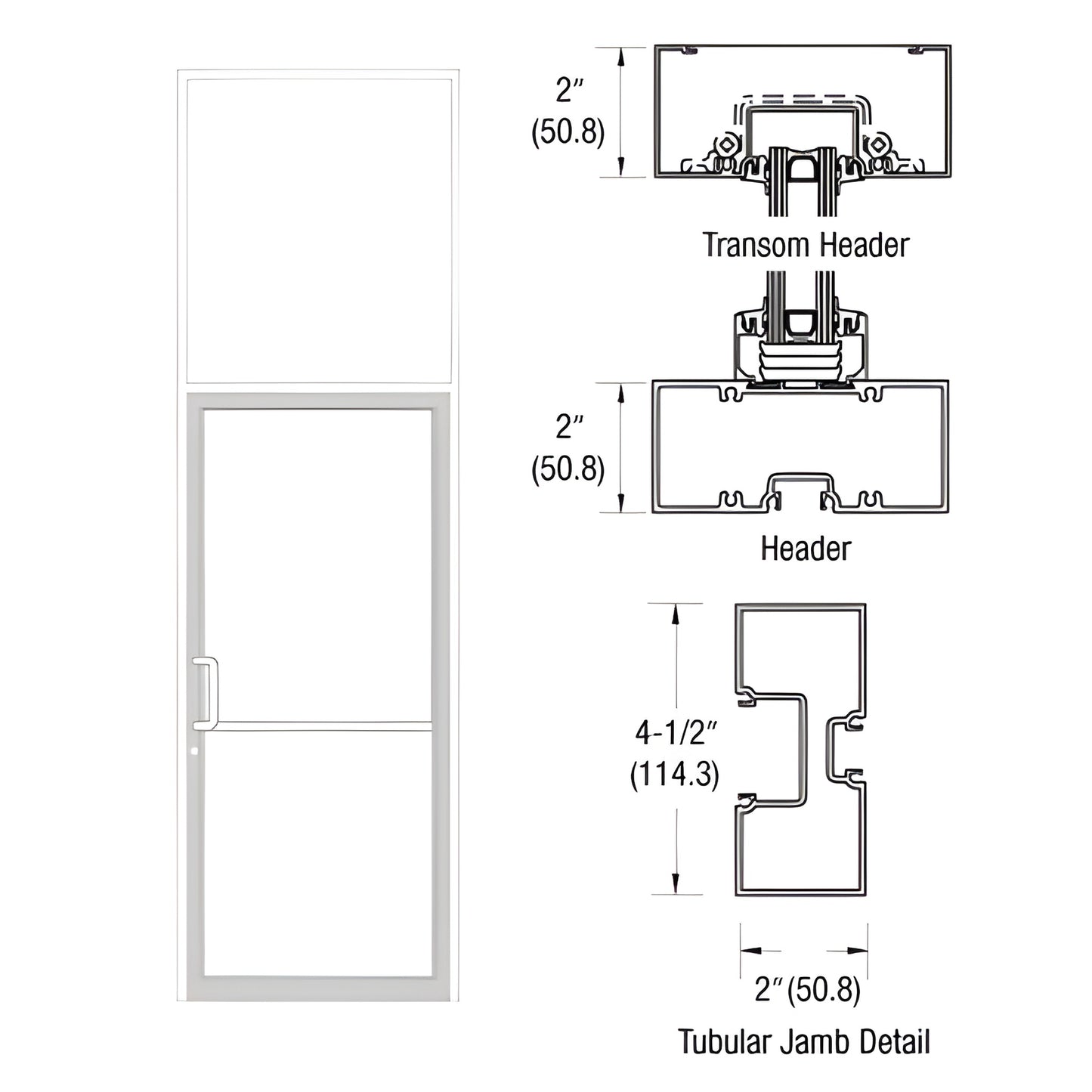 FR91552 white Kynar aluminum transom frame with tubular jambs and threshold, diagram for 36 84 commercial door.