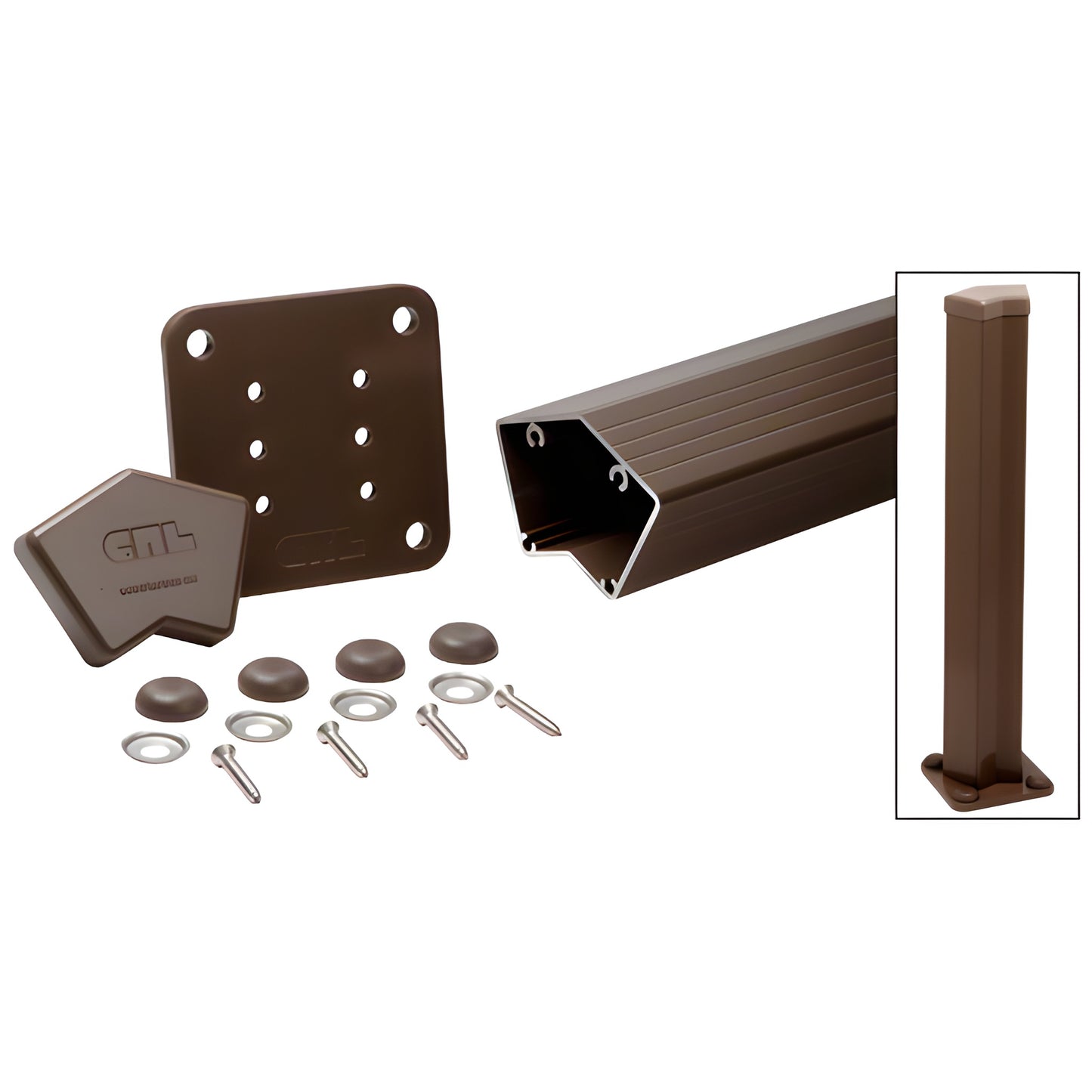 CRL SKU 1P548KBRZ matte bronze 48in aluminum 135 post kit with base plate, cap, gasket, screws and covers.