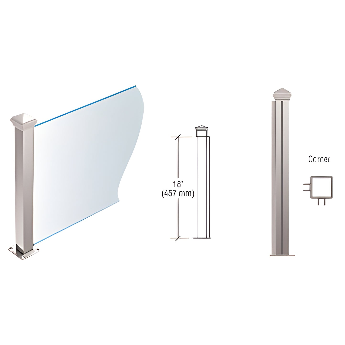 18" polished stainless steel square corner post with pyramid cap and full-length U-channel for 1/4" glass (SKU PP44LPS)