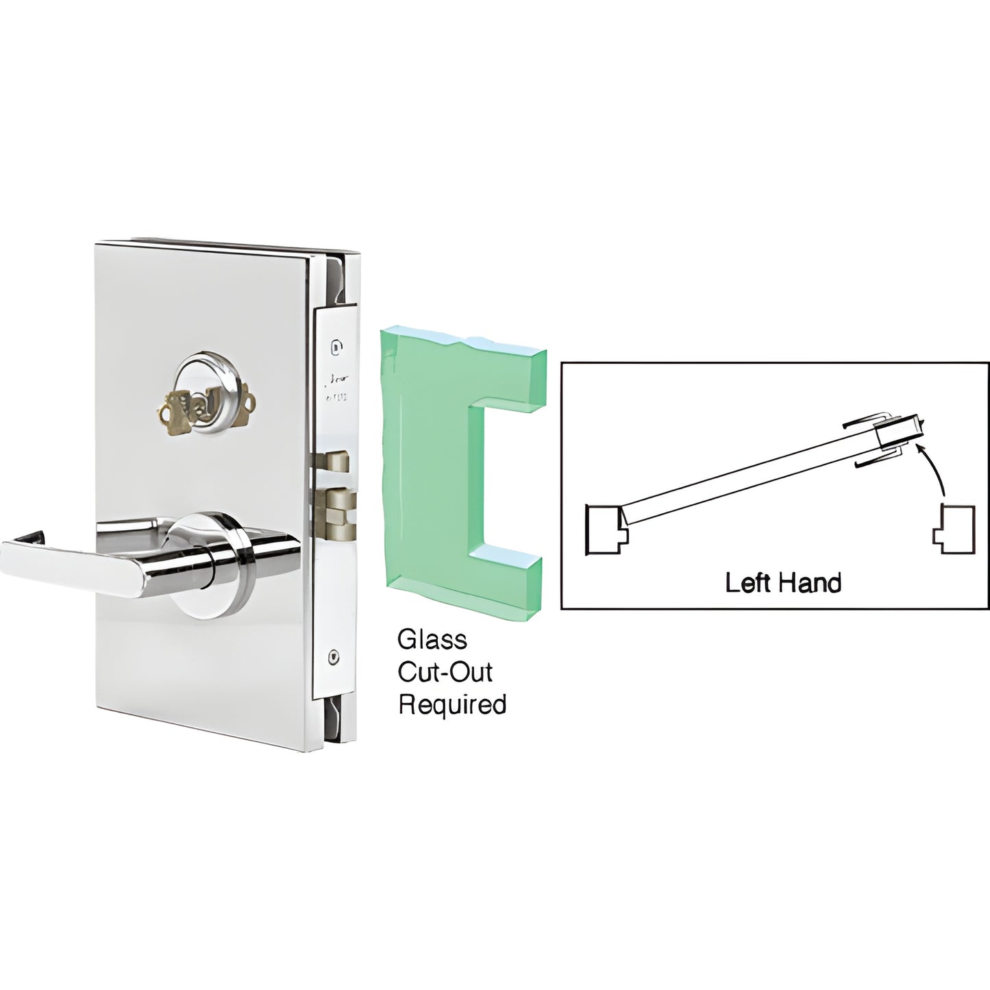 DL610LSPS polished stainless steel 6x10 center lock for 1/2 in glass doors, left-hand lever and key cylinder