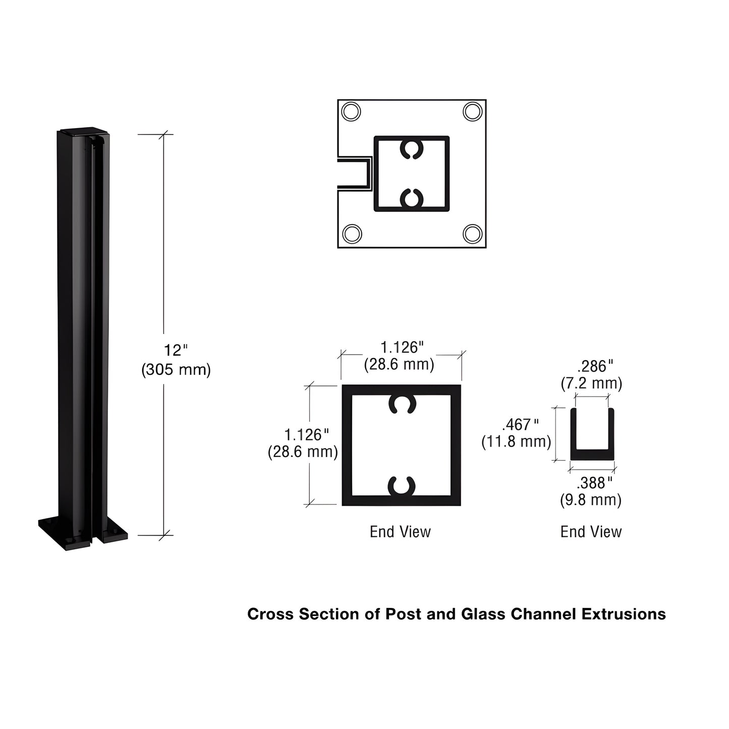 Dark bronze anodized 12 in. square aluminum partition end post with U-channel glazing and base plate for 1/4" glass.