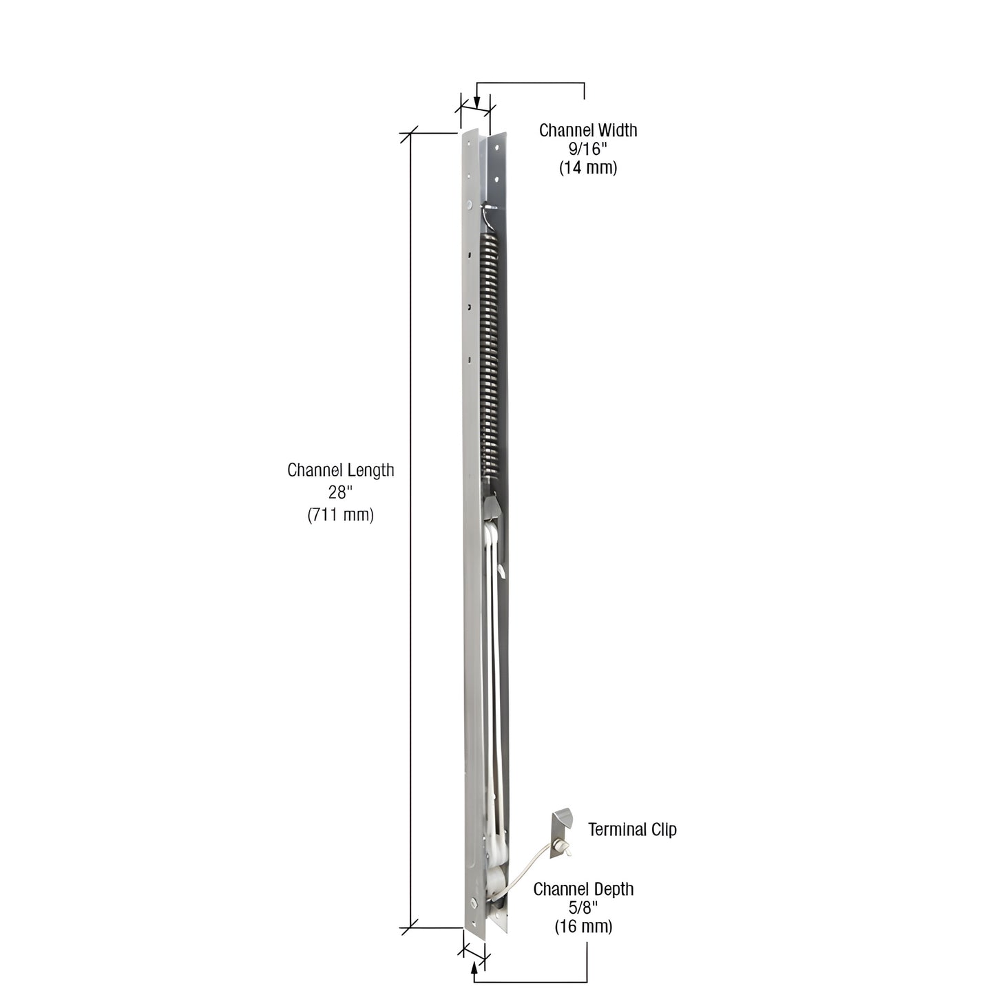 FA2730 28in metal channel sash balance with coiled spring and terminal clip, 5/8in depth, 9/16in width.