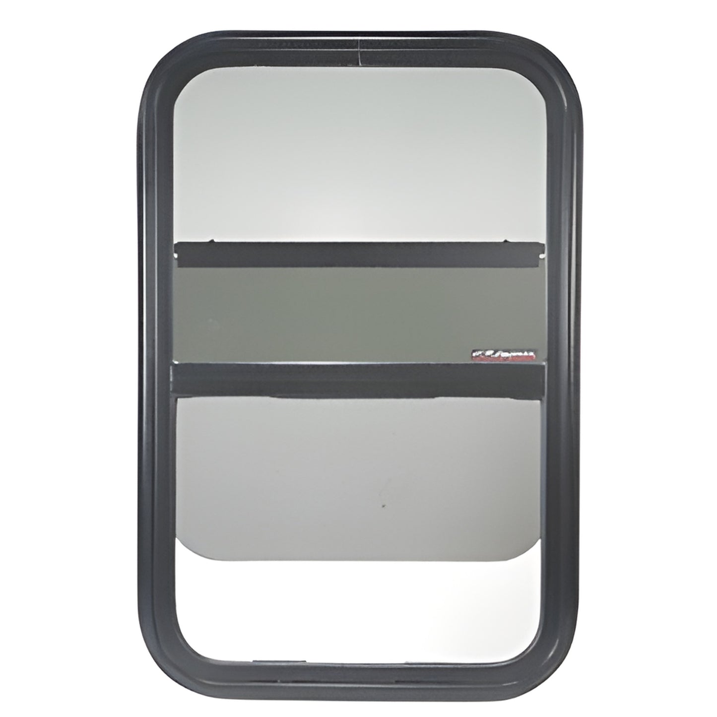VW7186 vertical-lift van window with black frame and solar privacy glass, rectangular rounded corners, screen included