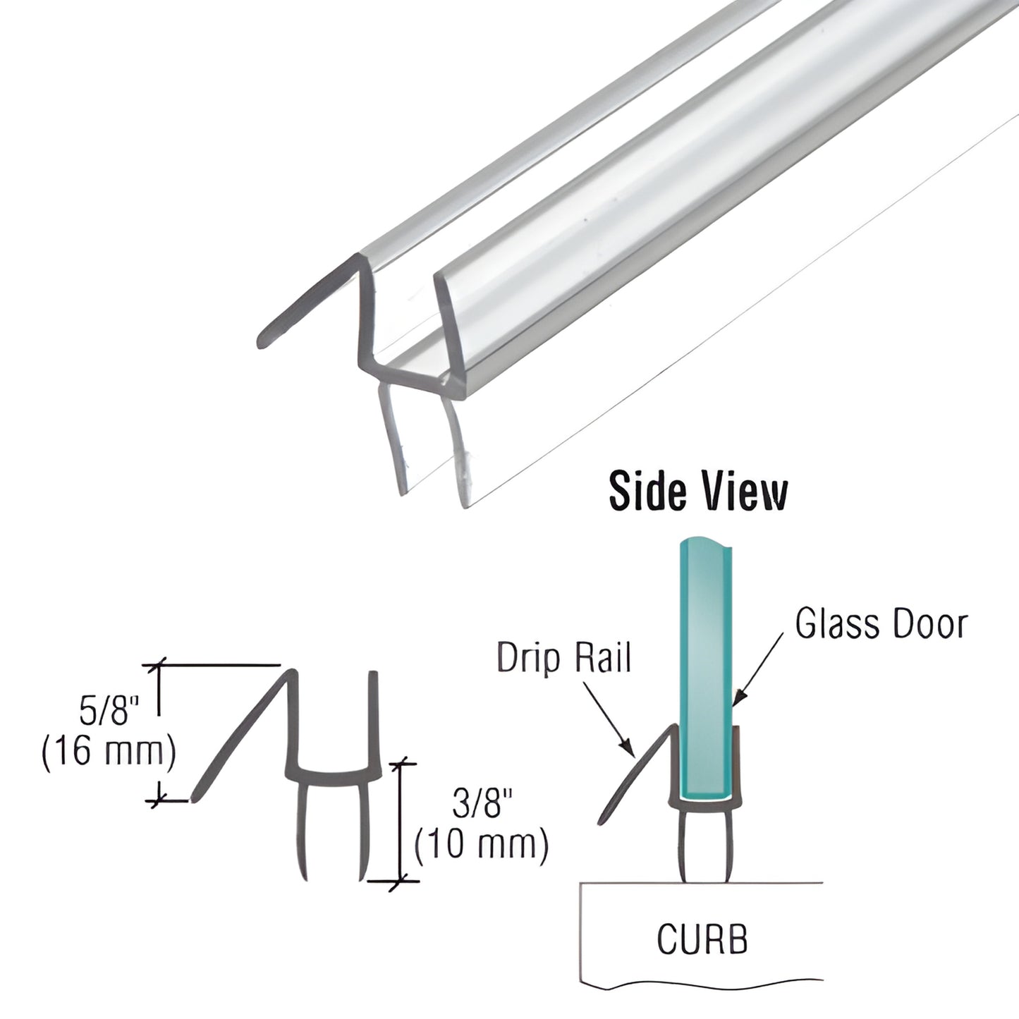 CRL P990WS clear polycarbonate shower door bottom sweep with drip rail, snaps on 3/8" glass, 95" length.