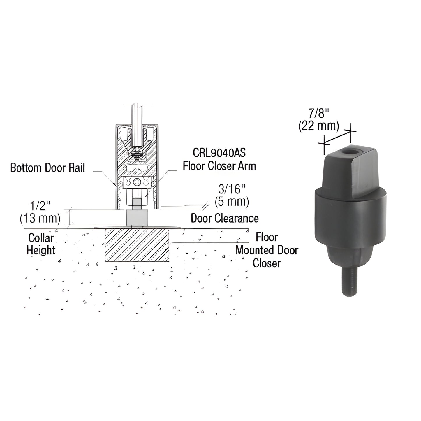 CRL9040S13 flat tapered spindle and collar for floor-mounted door closers, 1/2" collar height.