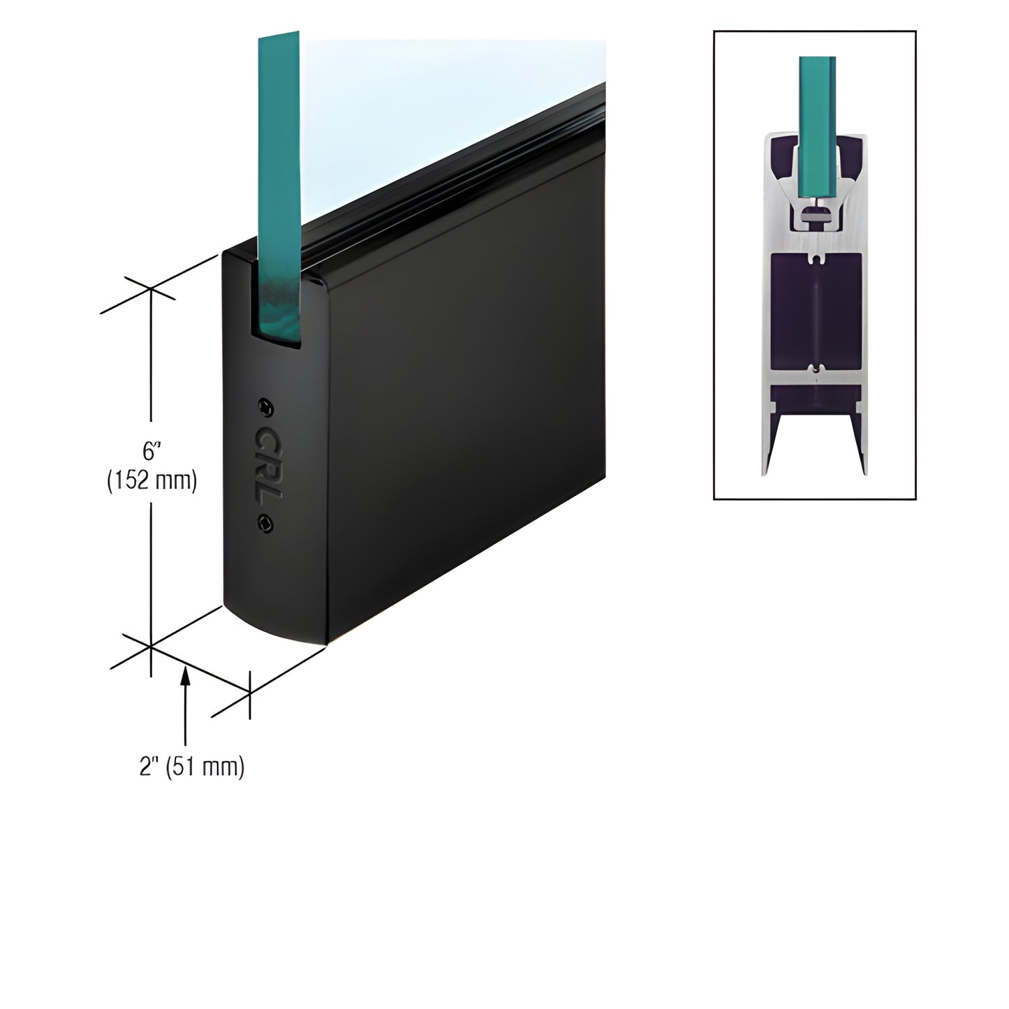 Matte black CRL Wedge-Lock door rail, 6 in x 2 in, for 1/2 in (12 mm) tempered glass.