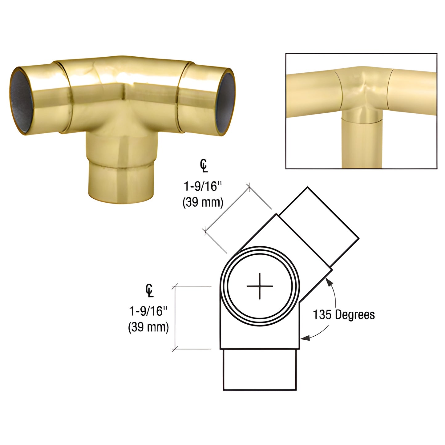 HR20PPB polished brass 135 side outlet elbow for HR20 handrail tubing, 1-9/16" (40 mm) centerline.