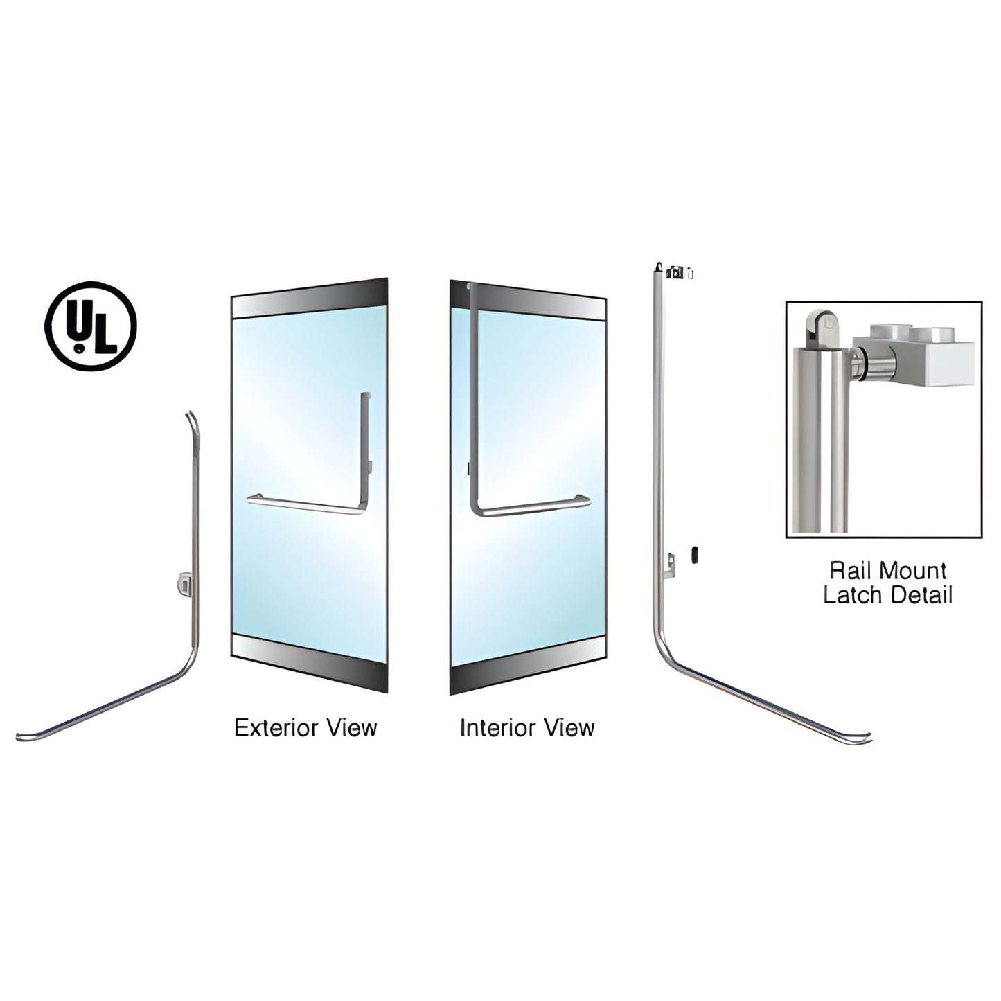 Brushed stainless PA100B4RKBS rail-mount panic handle for 1/2-3/4" tempered glass doors, 1-1/4" tube, interior push bar.
