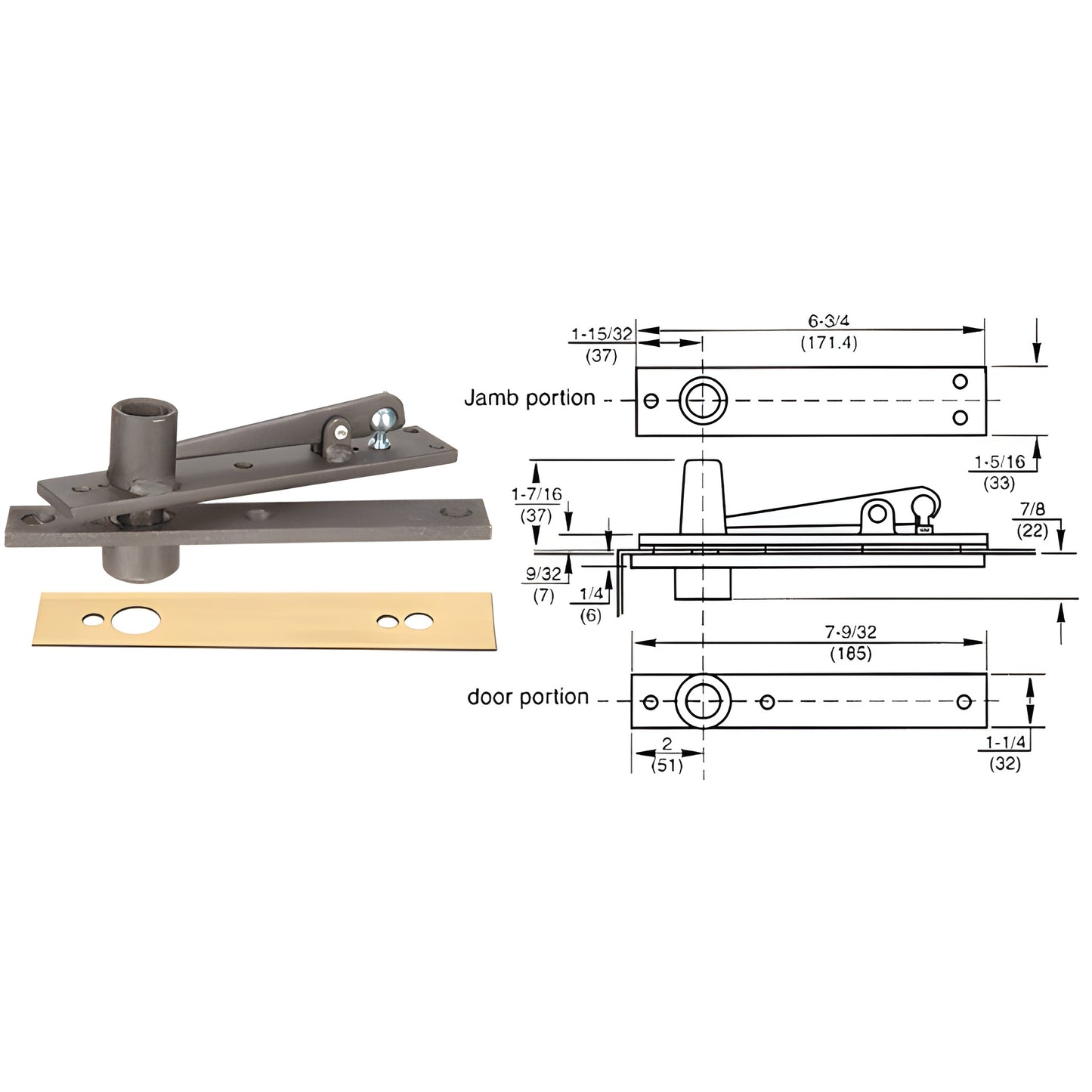 Rixson H340PB center-hung top pivot kit in polished brass and aluminum with cover plate shown beside technical diagram.