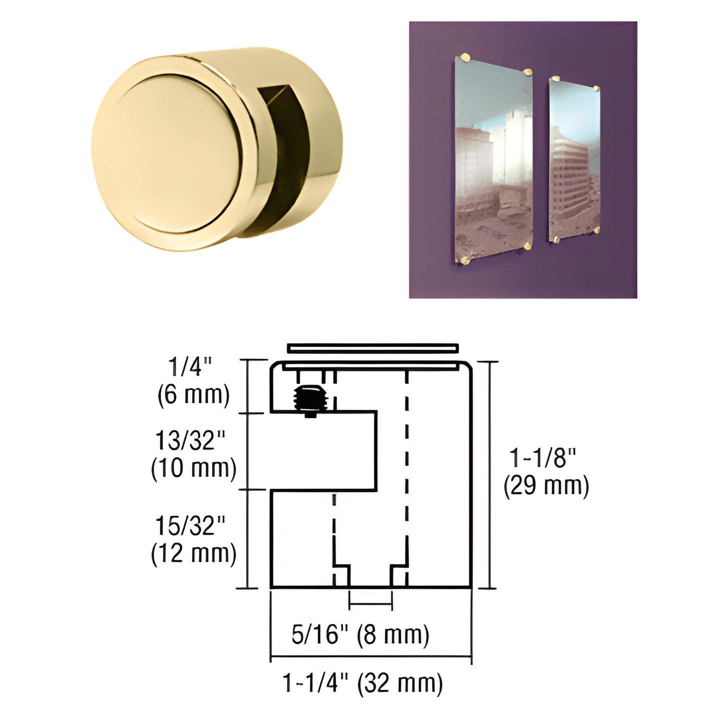 Polished brass edge grip EG38BR, 1-1/4" diameter, secures 3/8" (10mm) glass or panels from edge without drilling