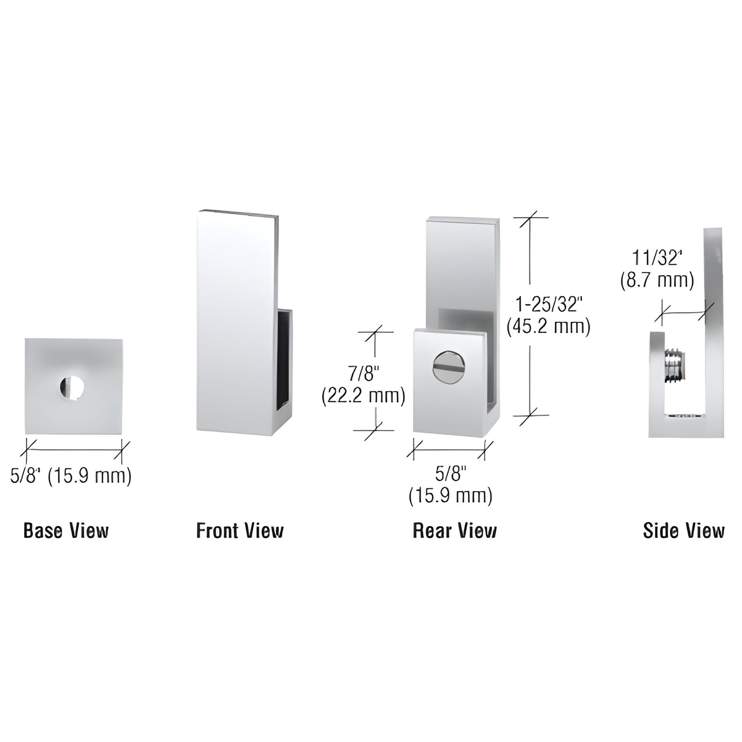 CRL EH42 polished chrome brass J-style set-screw glass clamp for 6-8mm (1/4-5/16") glass, 5/8 3/4 1-25/32 in.