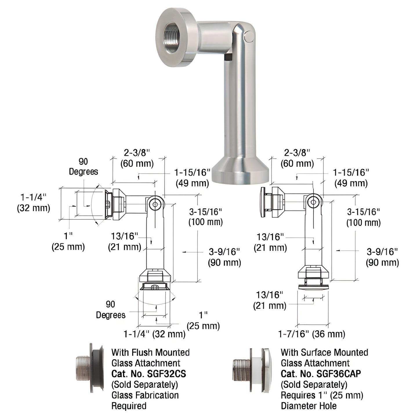 CRL SGF64BGG brushed 316 stainless single-pivot glass-to-glass swivel fitting, fits 3/8-1/2" glass.