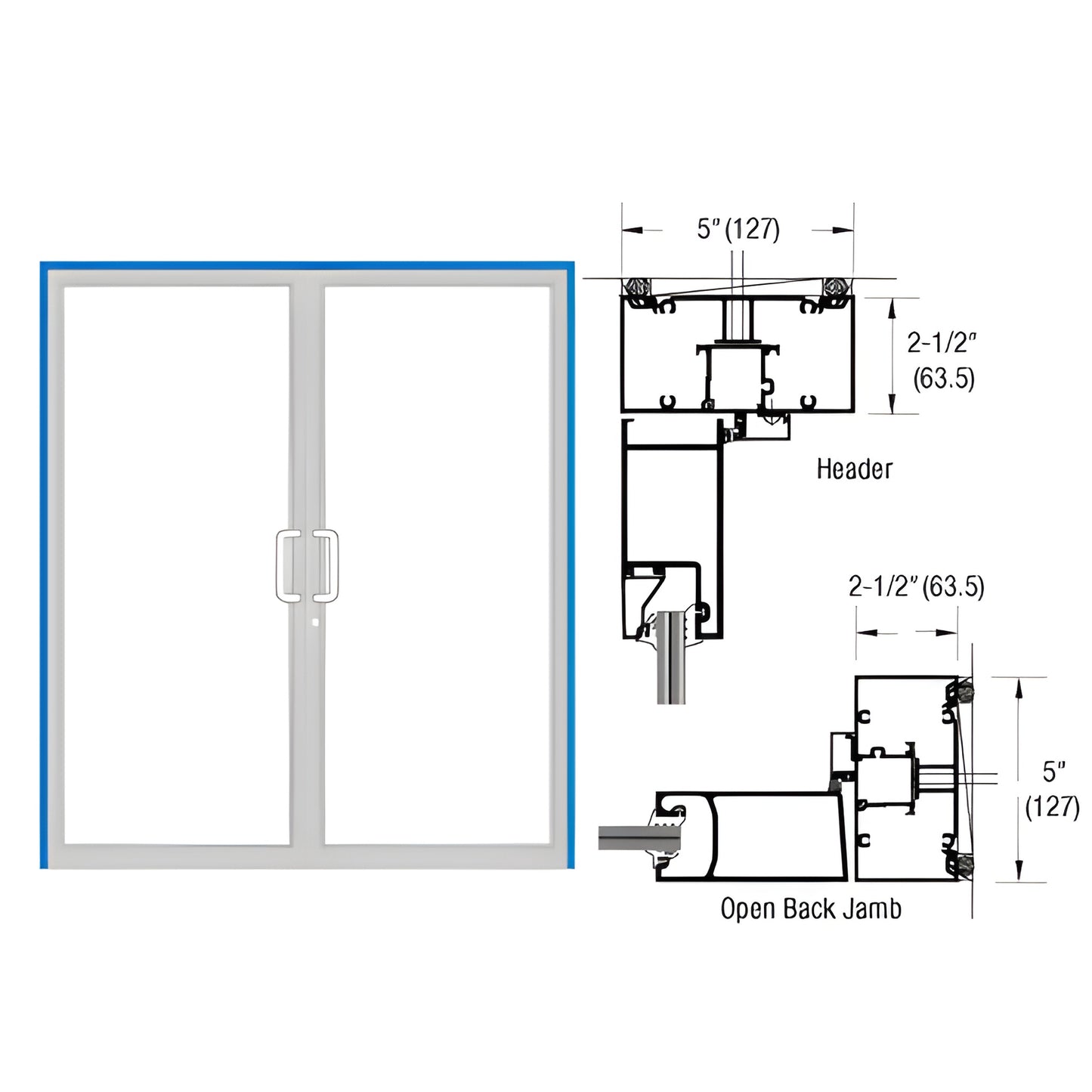 Custom Kynar double up-and-over hurricane impact door frame SKU 0F42571, twin glass doors and technical diagrams.
