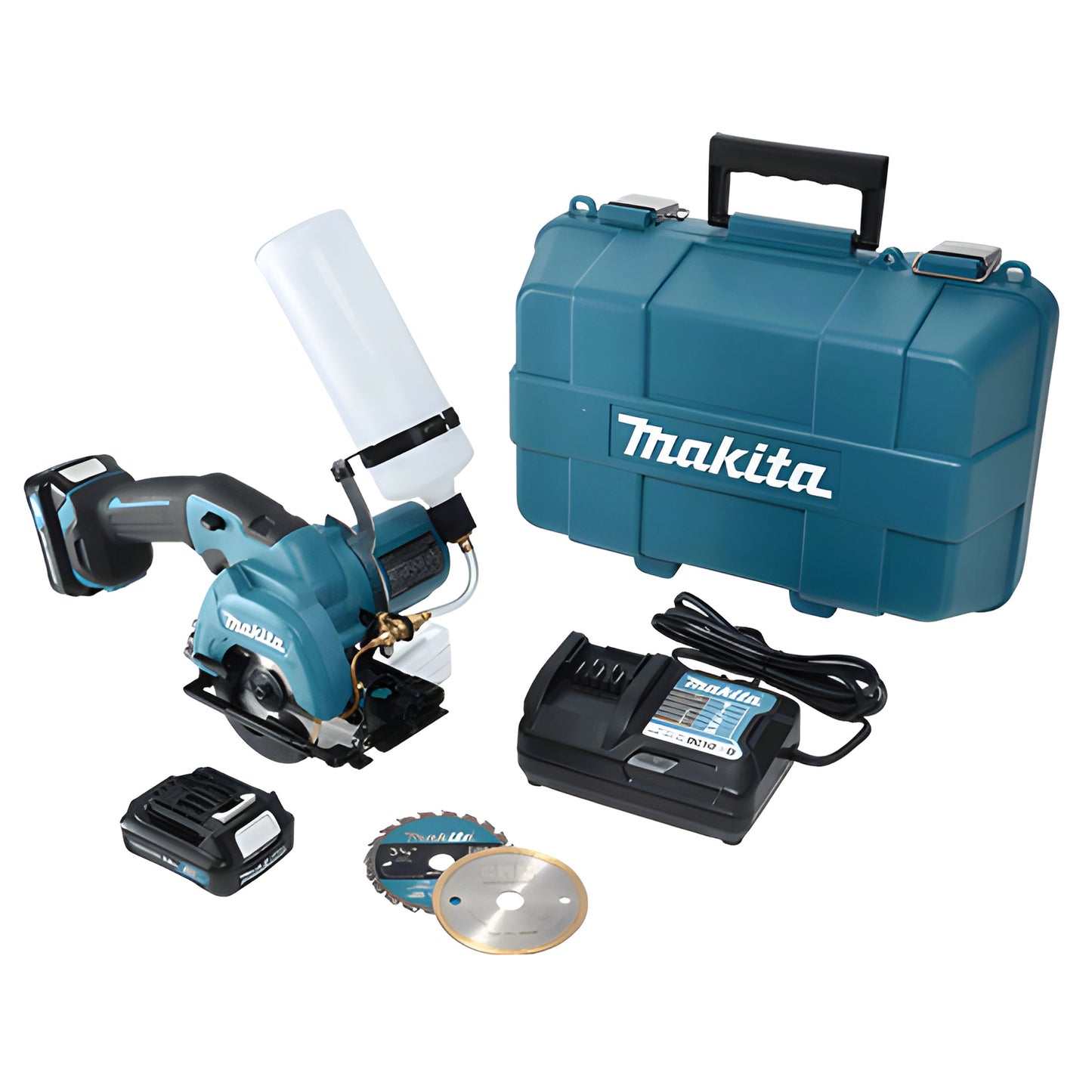 CRL NS4100 12V cordless notching saw kit - teal Makita case, saw with coolant bottle, battery, charger and two blades.