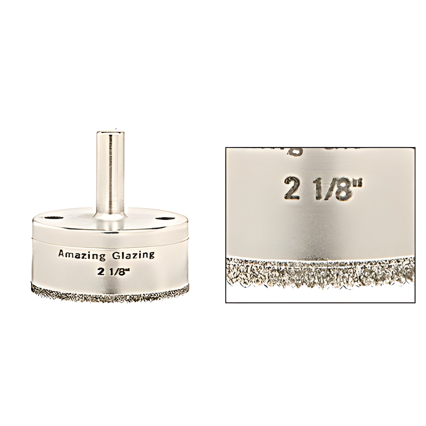 AG218 plated diamond glass drill bit, 2-1/8" diameter, reduced 3/8" round shank, sawtooth edge