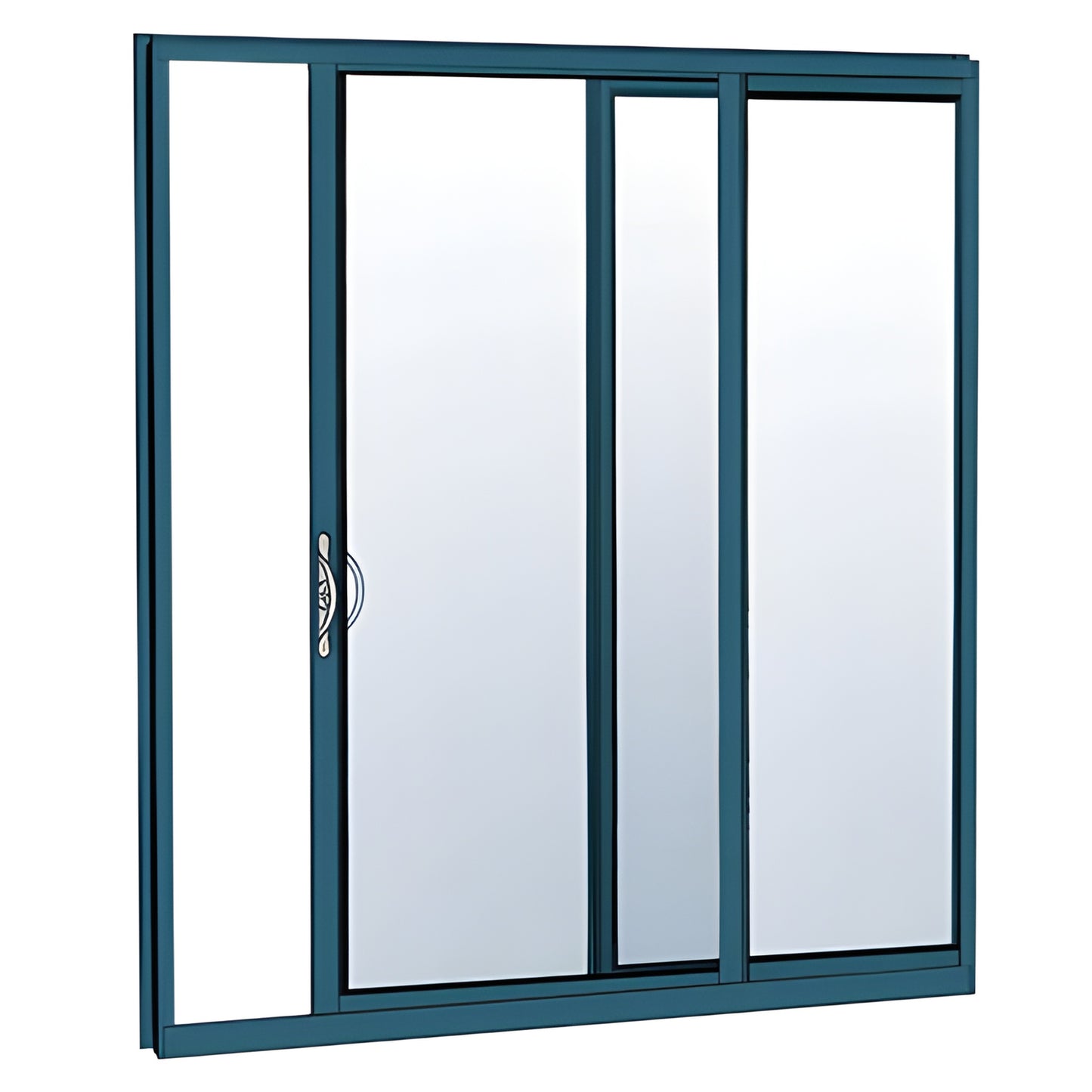 Series 3000 HS314BN71 exterior 3-panel sliding door, teal Custom Kynar frame, multi-point lock.