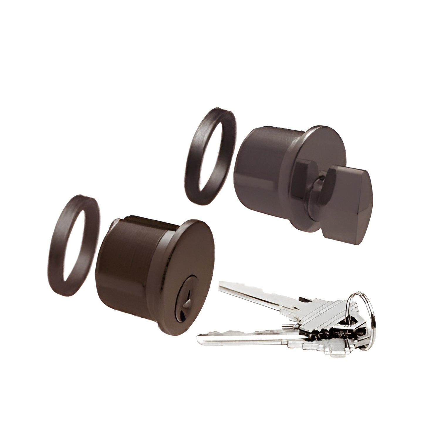 Dark bronze mortise keyed cylinder and thumbturn combo with keys and trim rings for storefront locks.