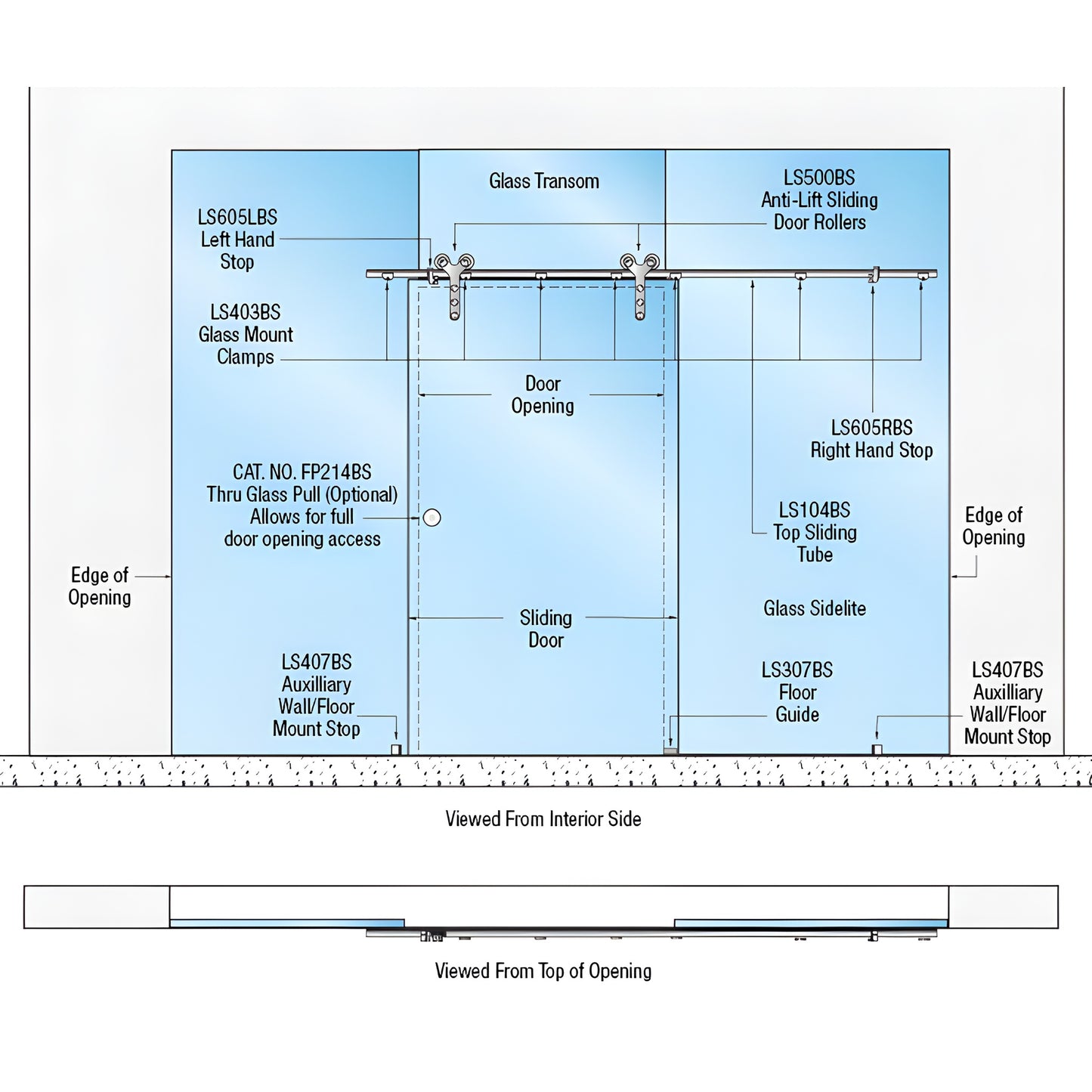 Technical diagram of CRL Laguna glass-mount single sliding door kit (LSGM26MBL) showing top rail, anti-lift rollers, clamps.