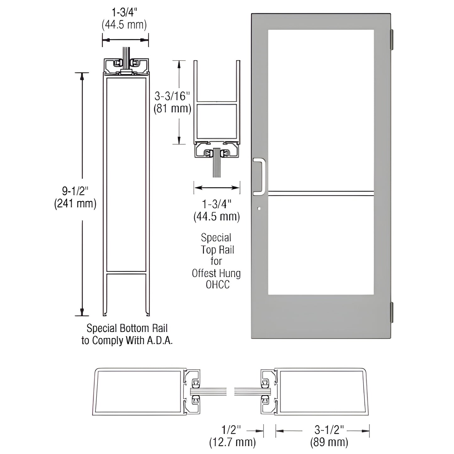 Clear anodized medium-stile entrance door (SKU DE41411) with 9-1/2" ADA bottom rail, 3-1/2" stiles, glass-ready.