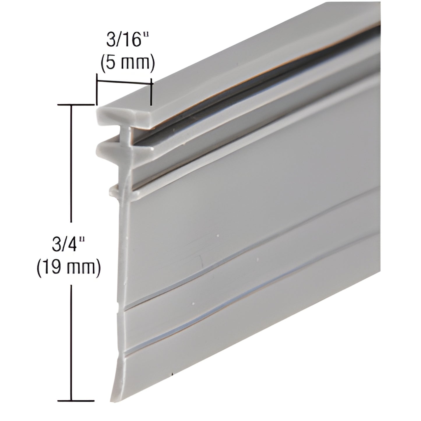 Gray vinyl T sweep shower door seal, 3/4" (19 mm) tall, 3/16" (5 mm) fit, 36" length - SKU M6040.