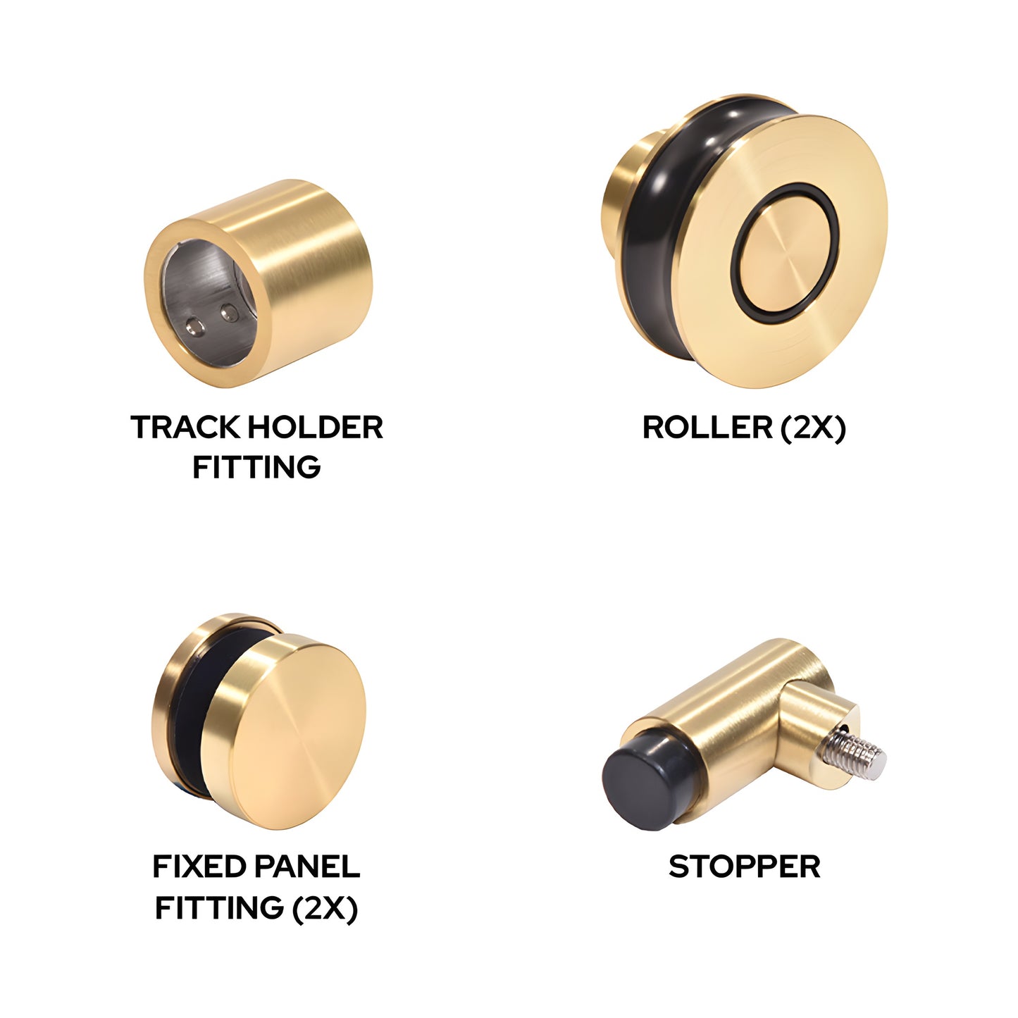 Satin brass Colonia 180 sliding shower door repair kit - stainless steel rollers, fittings, wall bracket and stopper