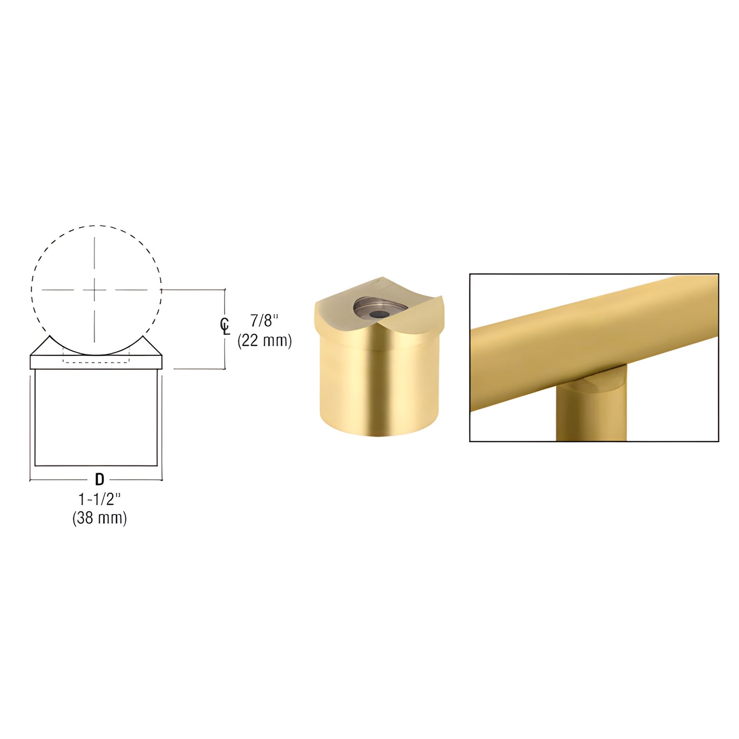 HR15PCPB polished brass perpendicular collar for 1-1/2 partition post, fits 7/8 (22mm) round tubing, set-screw mount.