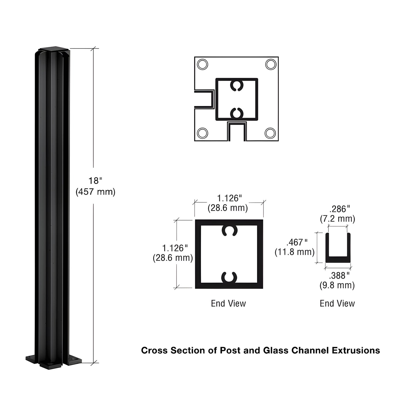 D990BL18CR semi-gloss black aluminum corner partition post, 18" tall, square 1-1/8" tube with glazing channels and mounting b