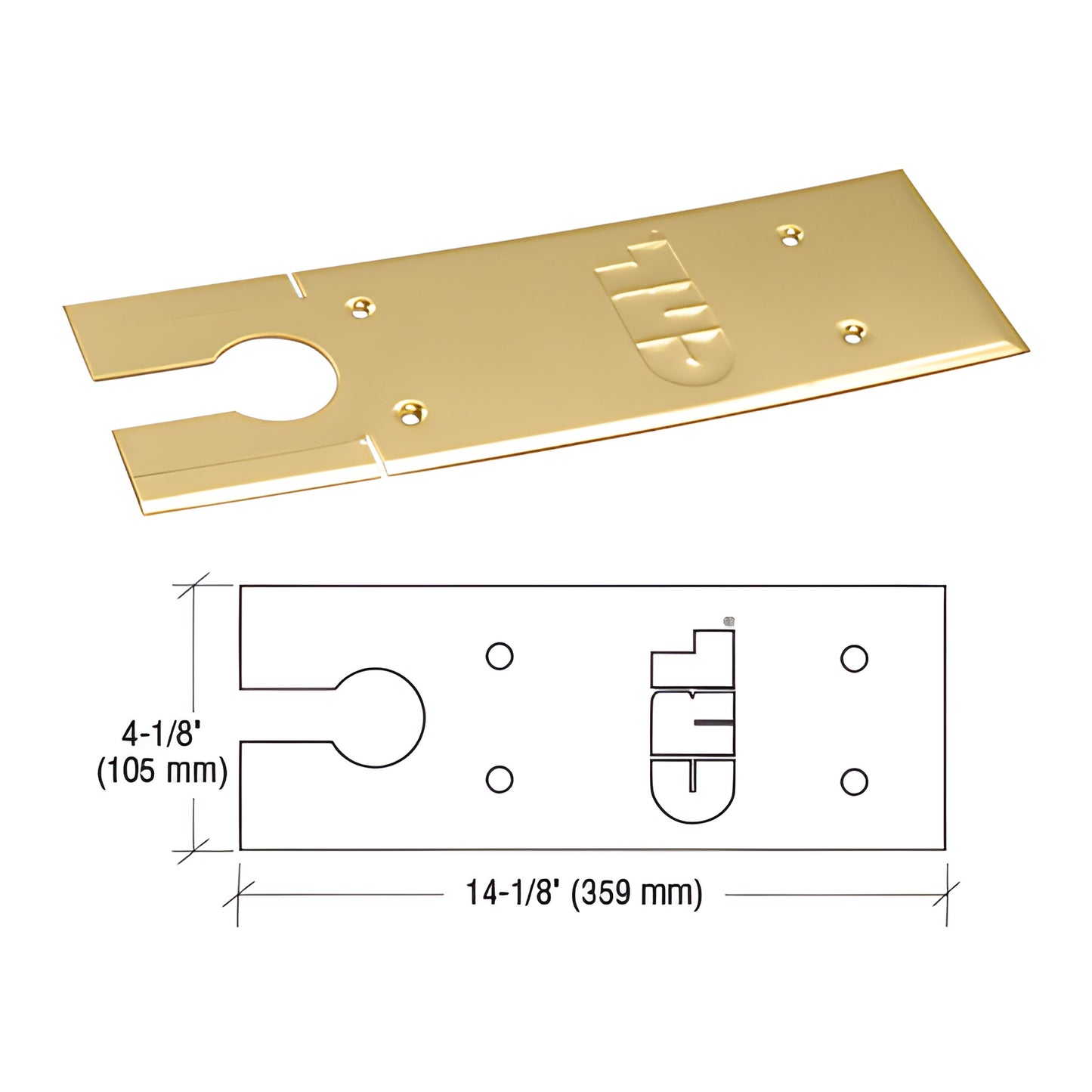CRL 8500 floor closer cover plate, polished brass, 14-1/8" x 4-1/8", access cutout