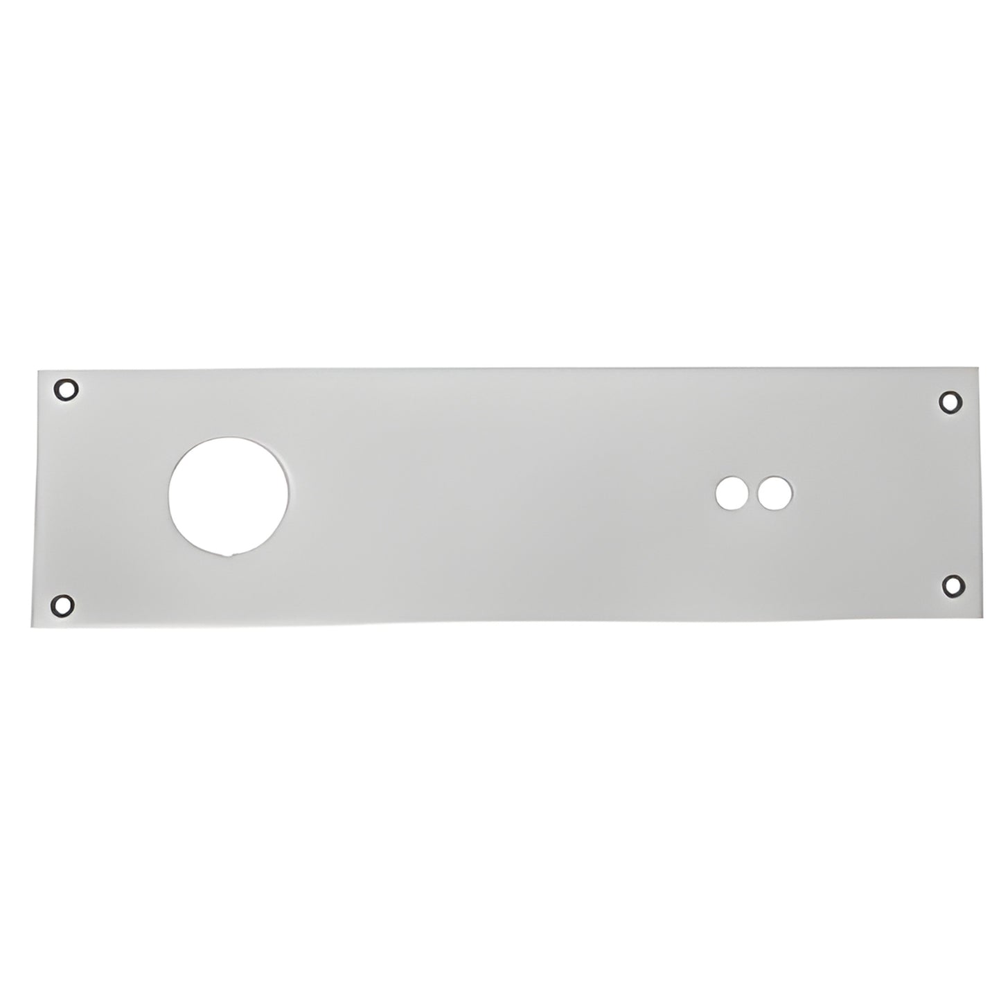 Aluminum overhead concealed closer cover plate 13-3/4" x 3-11/16", large round and two small holes, four corner grommets