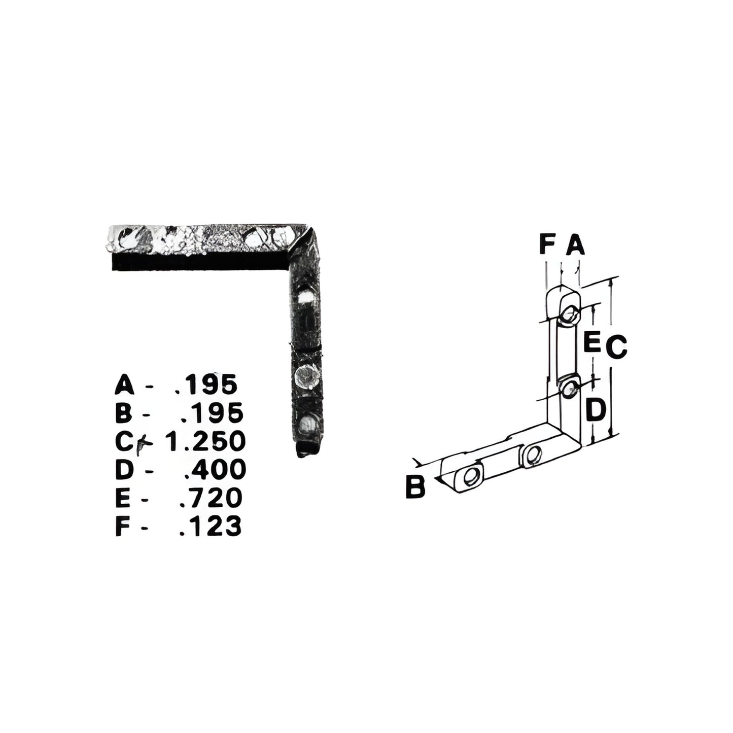 Zinc L-shaped corner key for storm window frames, 1-1/4" legs with dimple holes, SKU 3465111