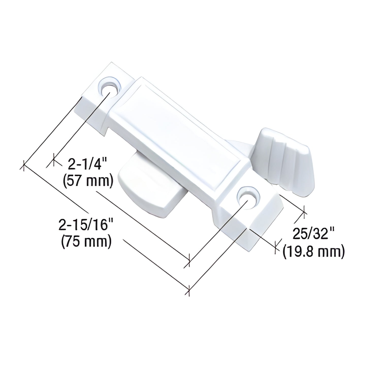 White diecast CRL sliding window lock F2590, 2-15/16" long, 3/8" latch, 2-1/4" mounting hole spacing.