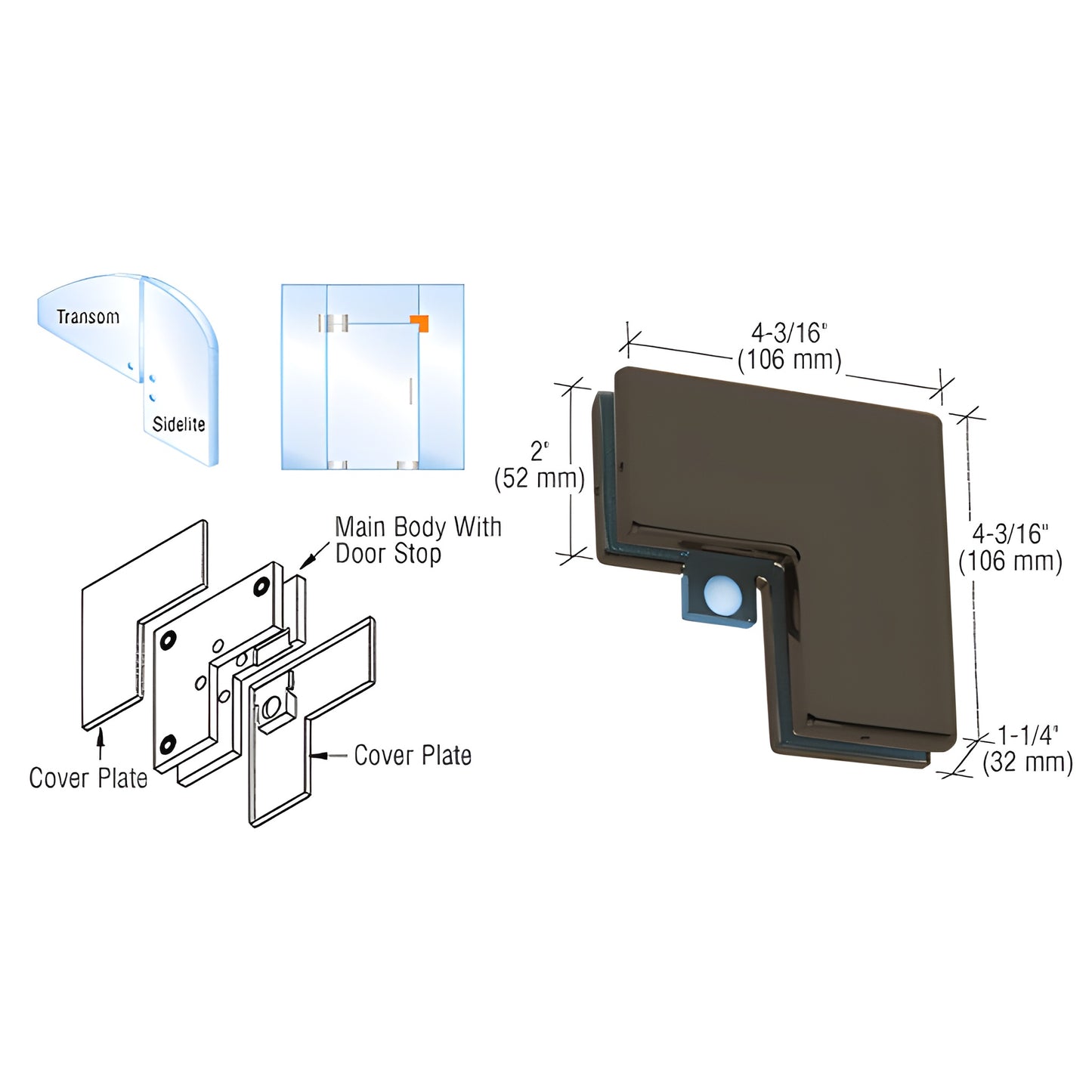PH60DU black bronze sidelite-to-transom patch connector for 3/8" or 1/2" (10/12mm) tempered glass, reversible door stop.