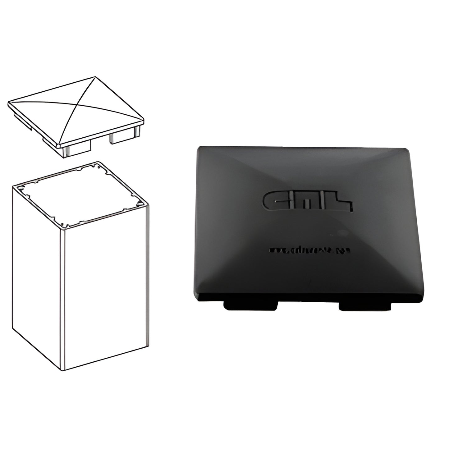 Matte black aluminum 4x4 post cap (SKU PC4BL), pyramid-style cover to protect/finish fence, deck, or railing posts.