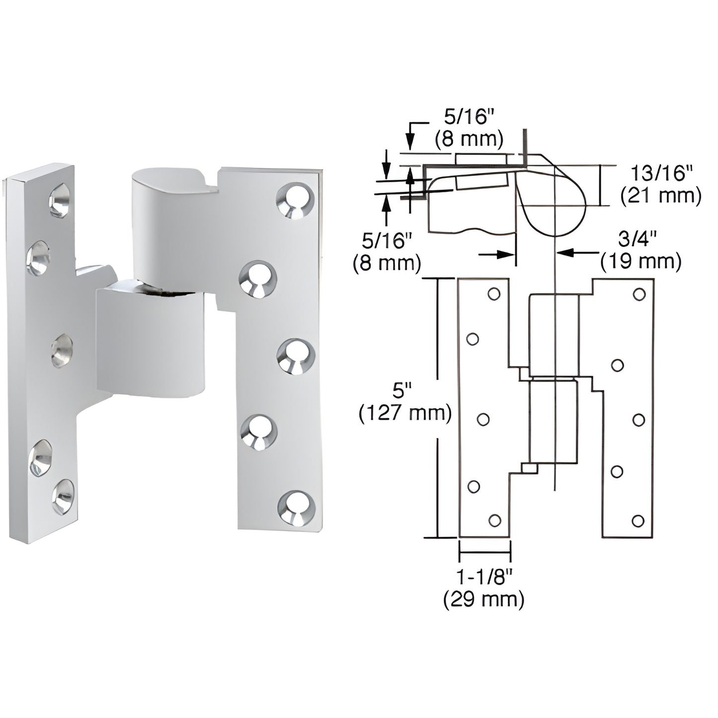 Rixson M19LHPC 3/4" offset intermediate pivot, polished chrome left-hand mortised pivot for tall doors with diagram.