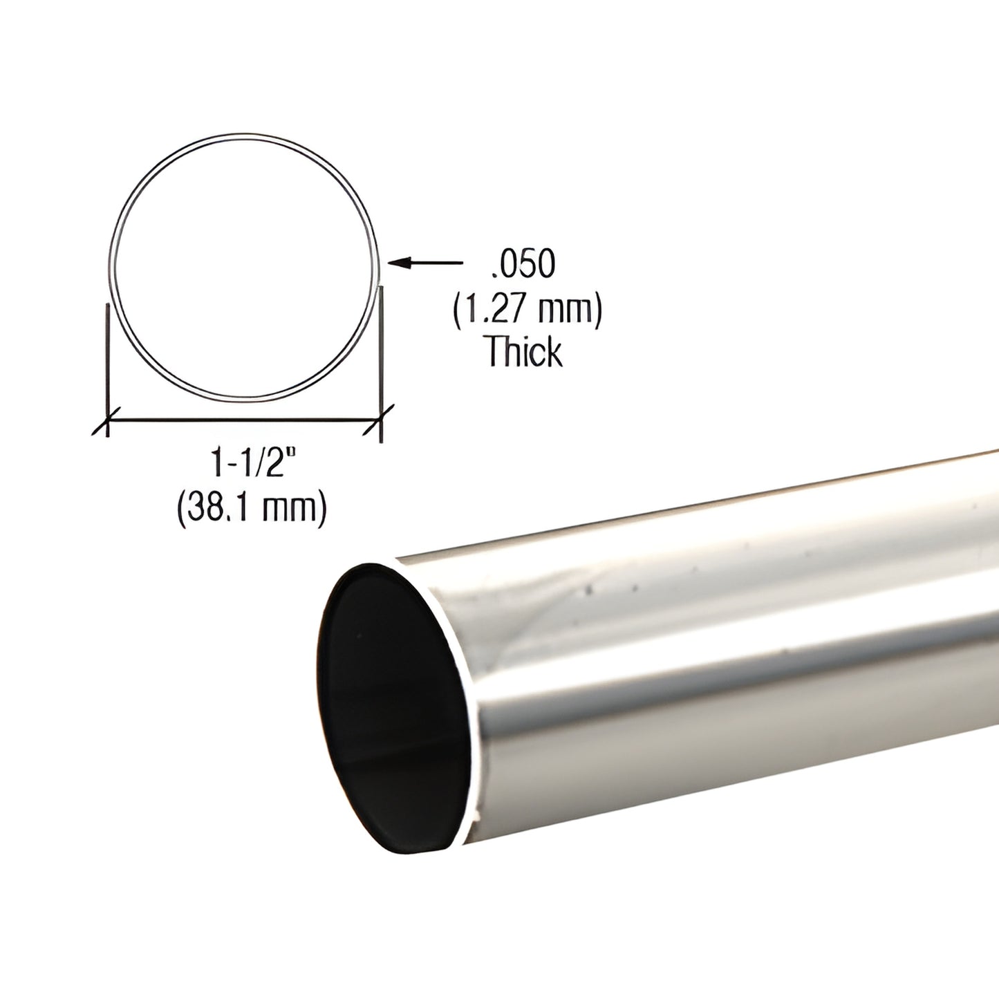 Polished stainless steel handrail tubing (SKU HR15PS), 1-1/2" O.D., .050" wall, hollow round tube shown end and length view.