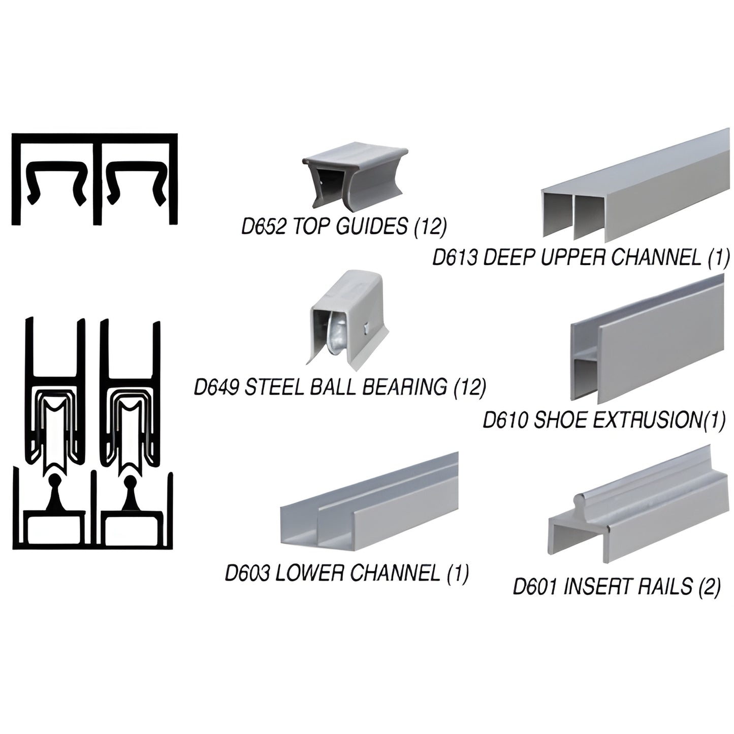 D2307ABB 12' satin-anodized aluminum rolling track assembly with D649 ball bearings, guides and channels