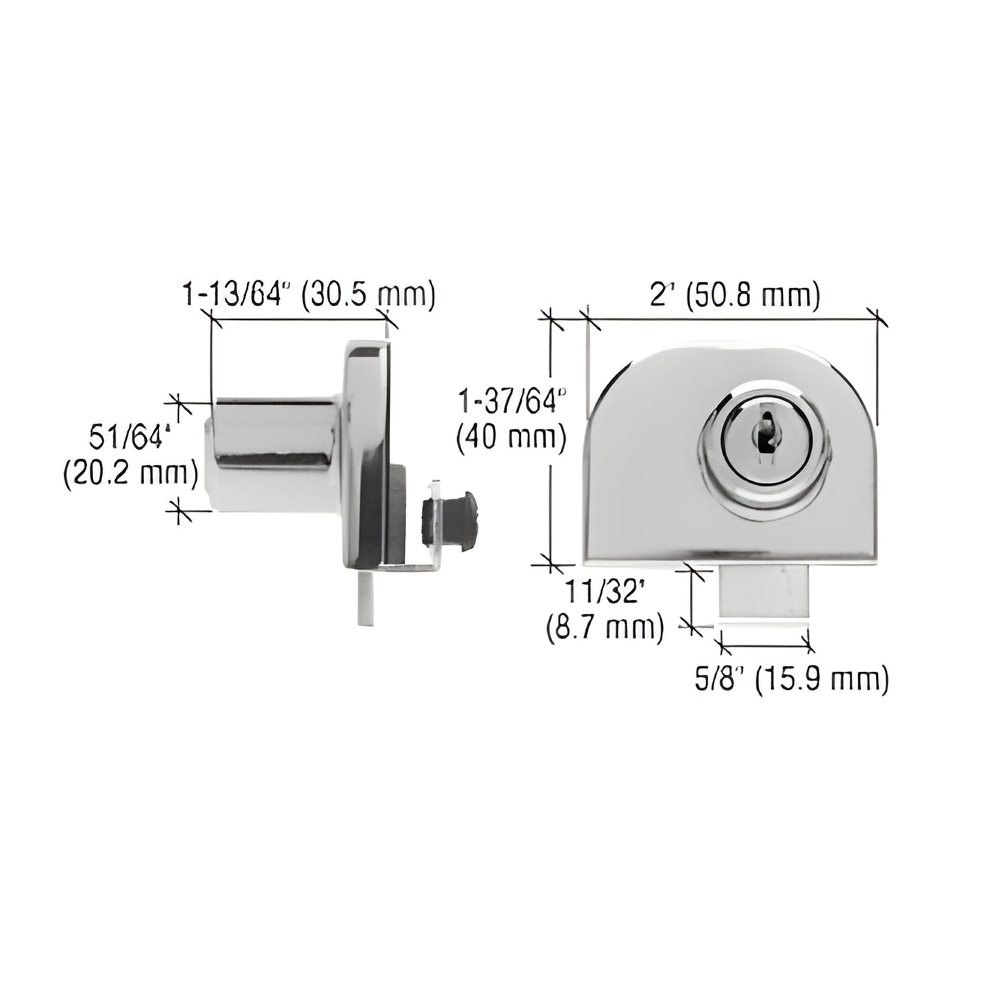 EH212 Polished chrome no drill glass door lock for 1/4" (6 mm) double doors, aluminum body with keys.