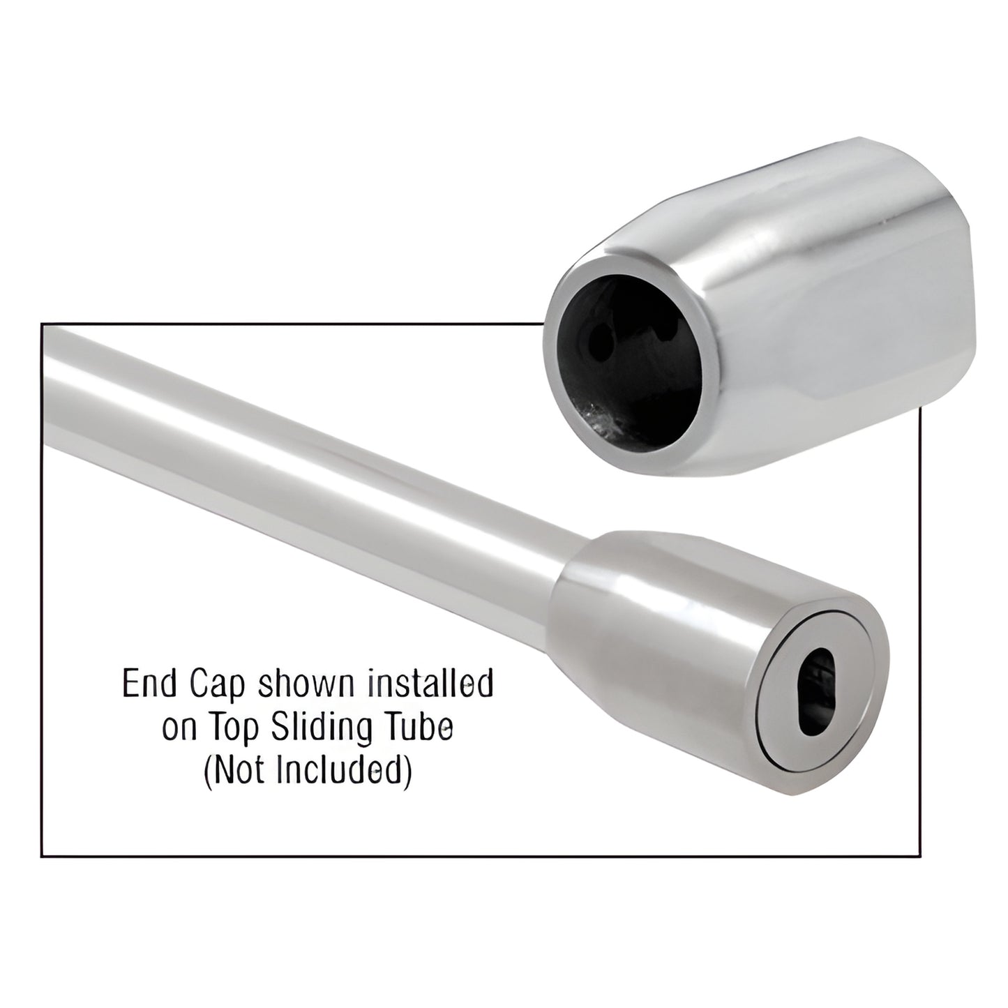 LS106PS polished stainless steel top sliding tube wall-mount end cap, non-handed with internal sleeve and adjustment slot.