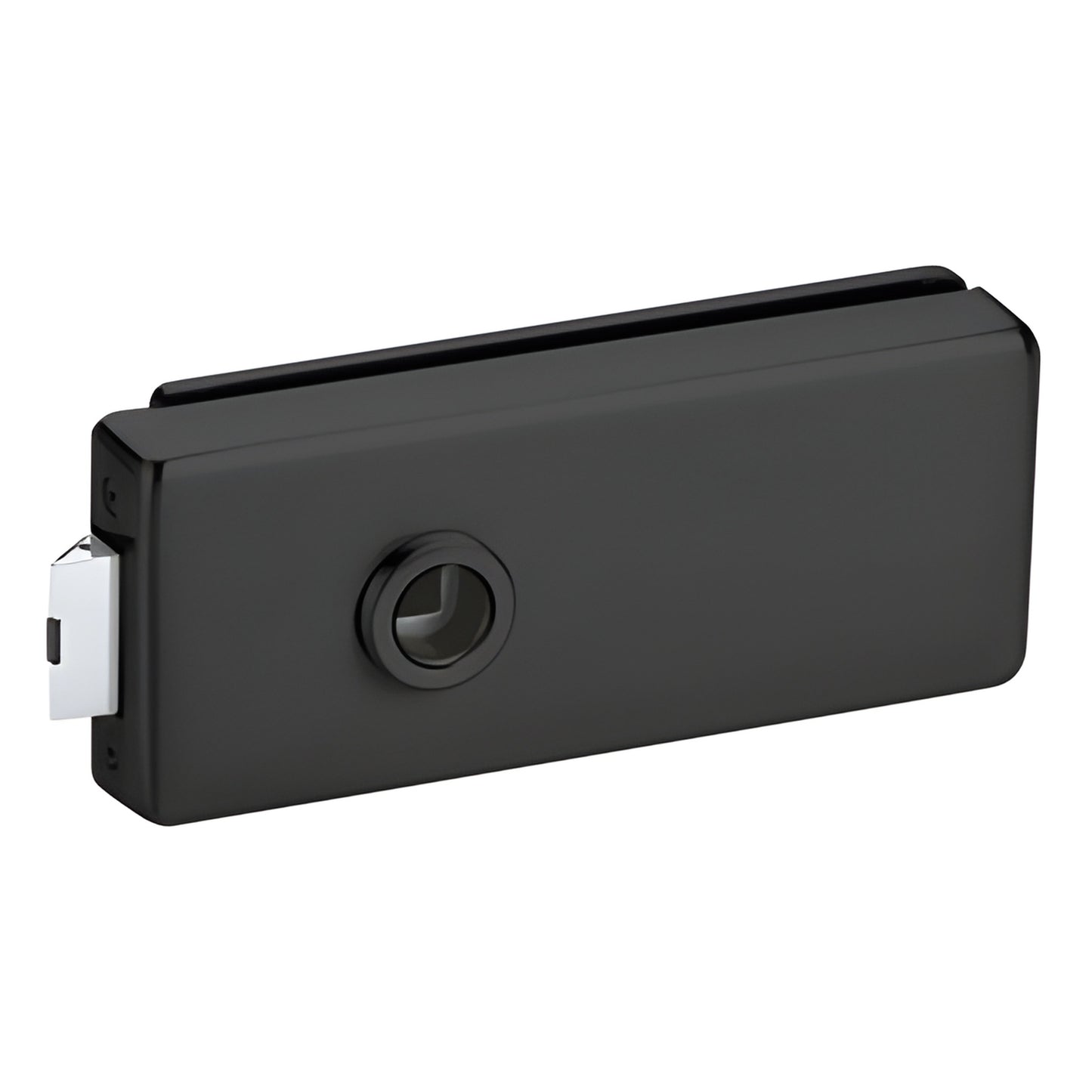 Matte black square glass door latch (CRL Fallbrook FLSMBL), for 8-10mm interior tempered glass, no cylinder.