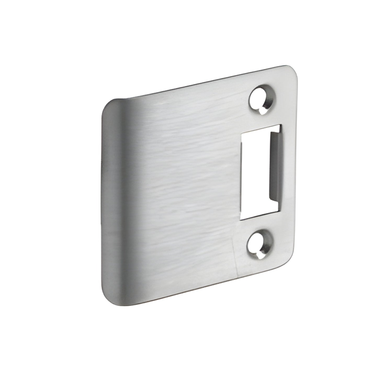 Adams Rite DH12600 brushed stainless steel deadbolt strike plate with dust box, two screw holes.