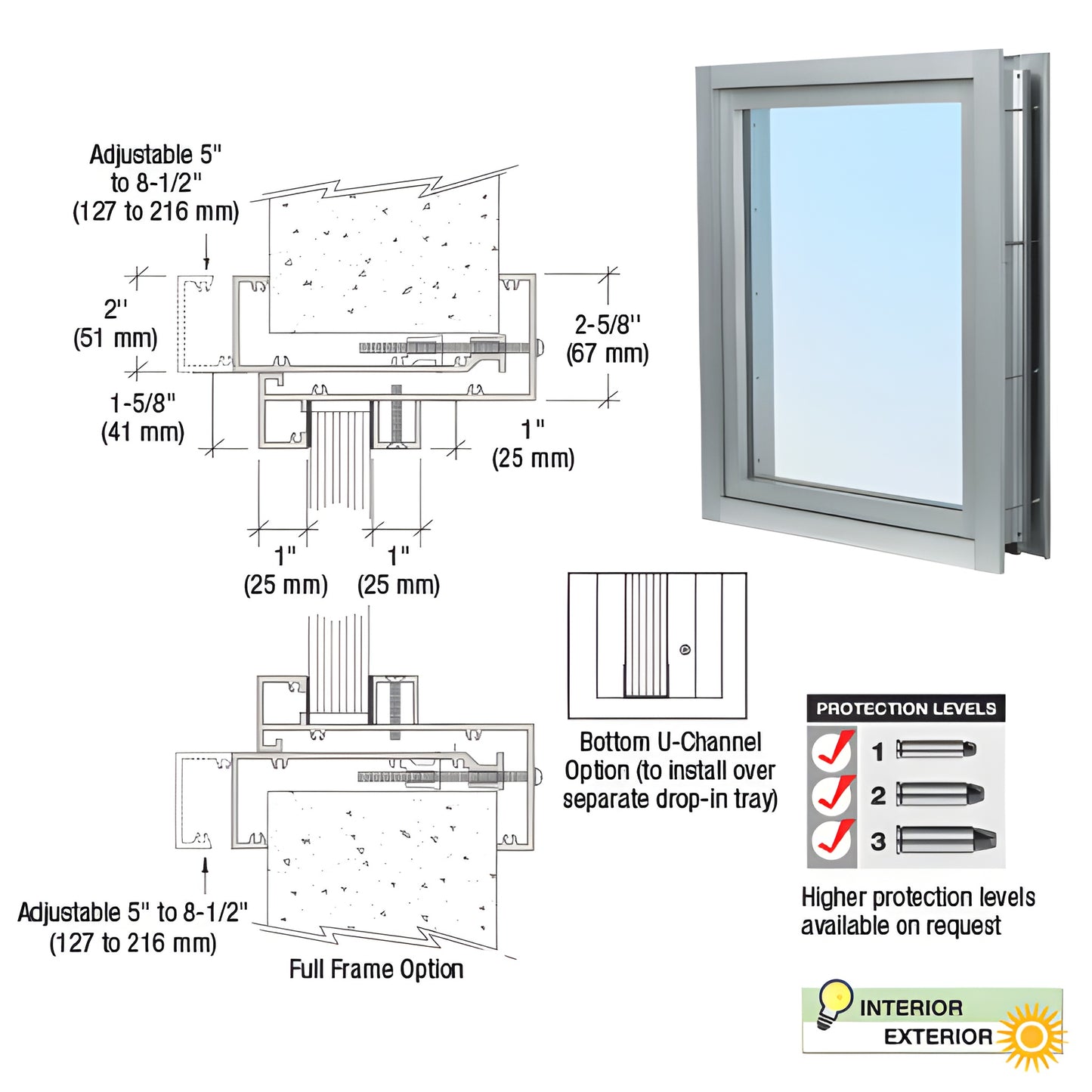 Clamp-on satin anodized aluminum vision window SKU C0VEA, adjustable 5"-81 2", for walk-up/teller openings with security glazin