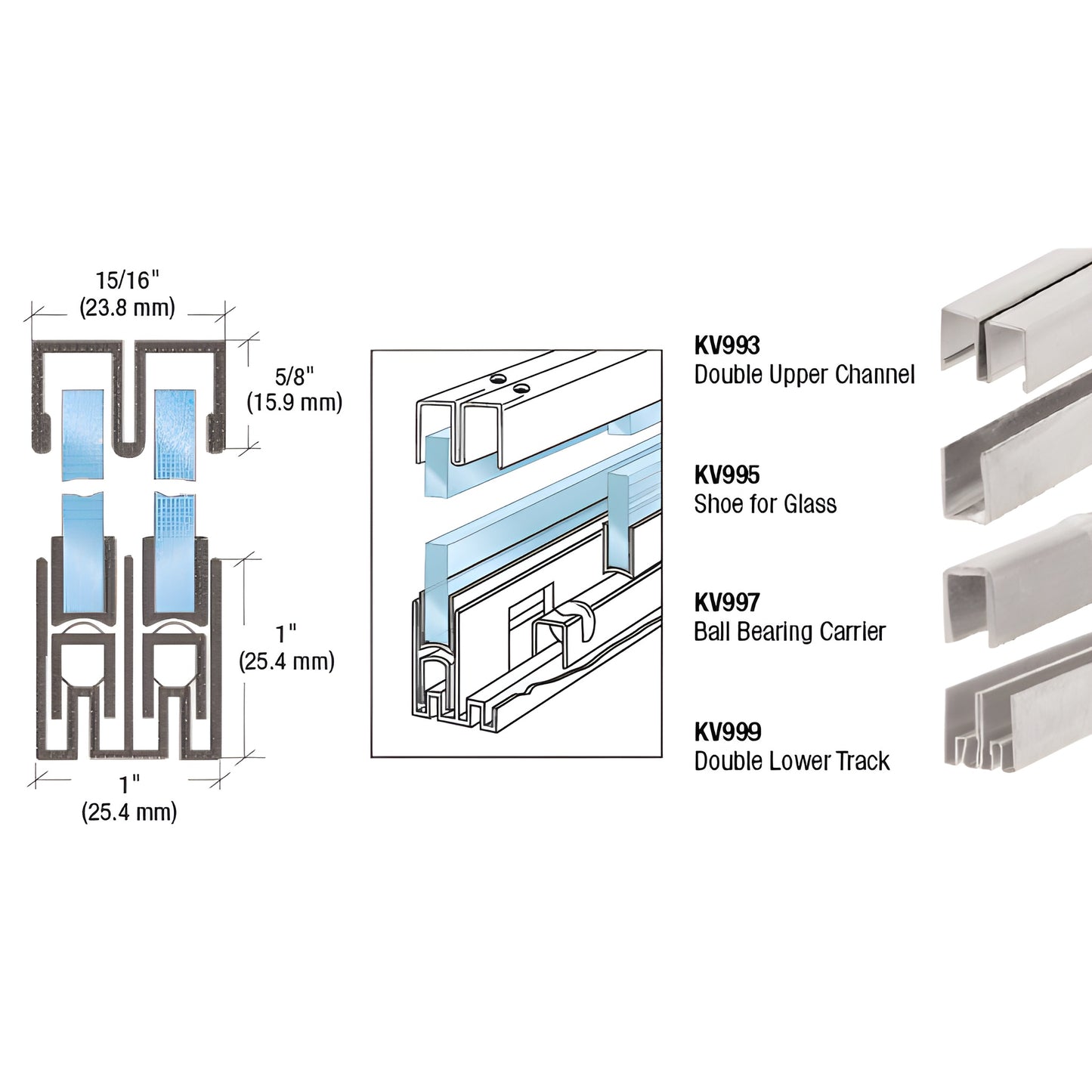 KV992144 Roll Ezy zinc-plated steel double track assembly for 1/4" glass with ball bearing carriers